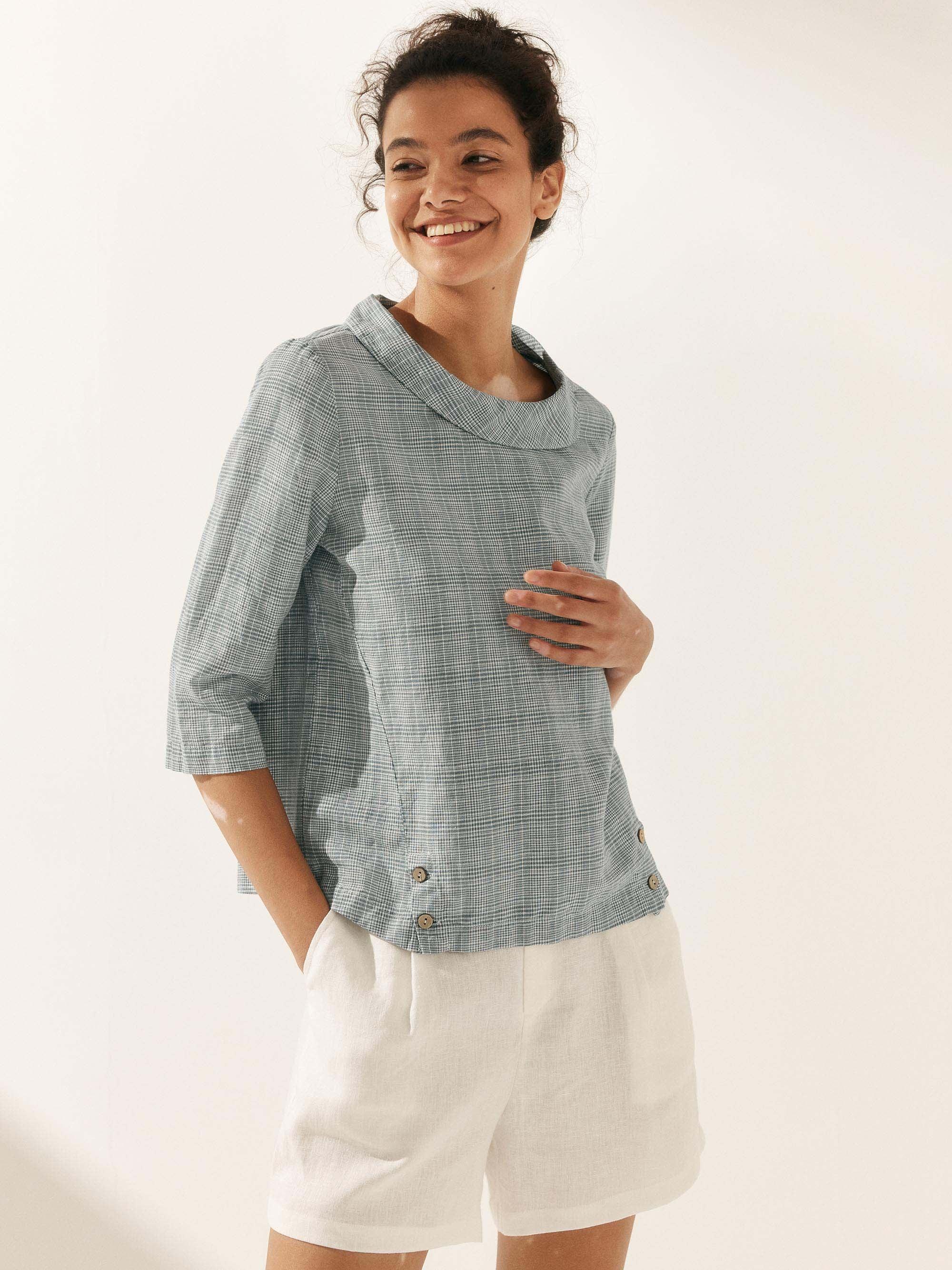 Linen Gingham Checked Round Soft-Fold Collar Top LAURA Linen Gingham Checked Round Soft-Fold Collar Top LAURA