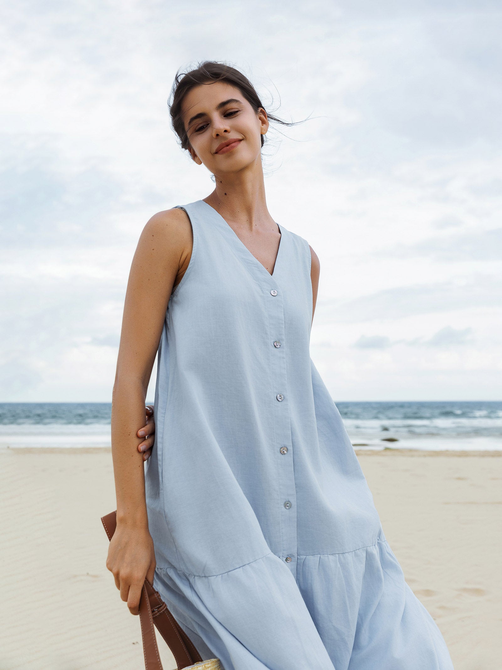 Linen Vacation Sleeveless V-Neck Mid-Length Dress CELINE Linen Vacation Sleeveless V-Neck Mid-Length Dress CELINE