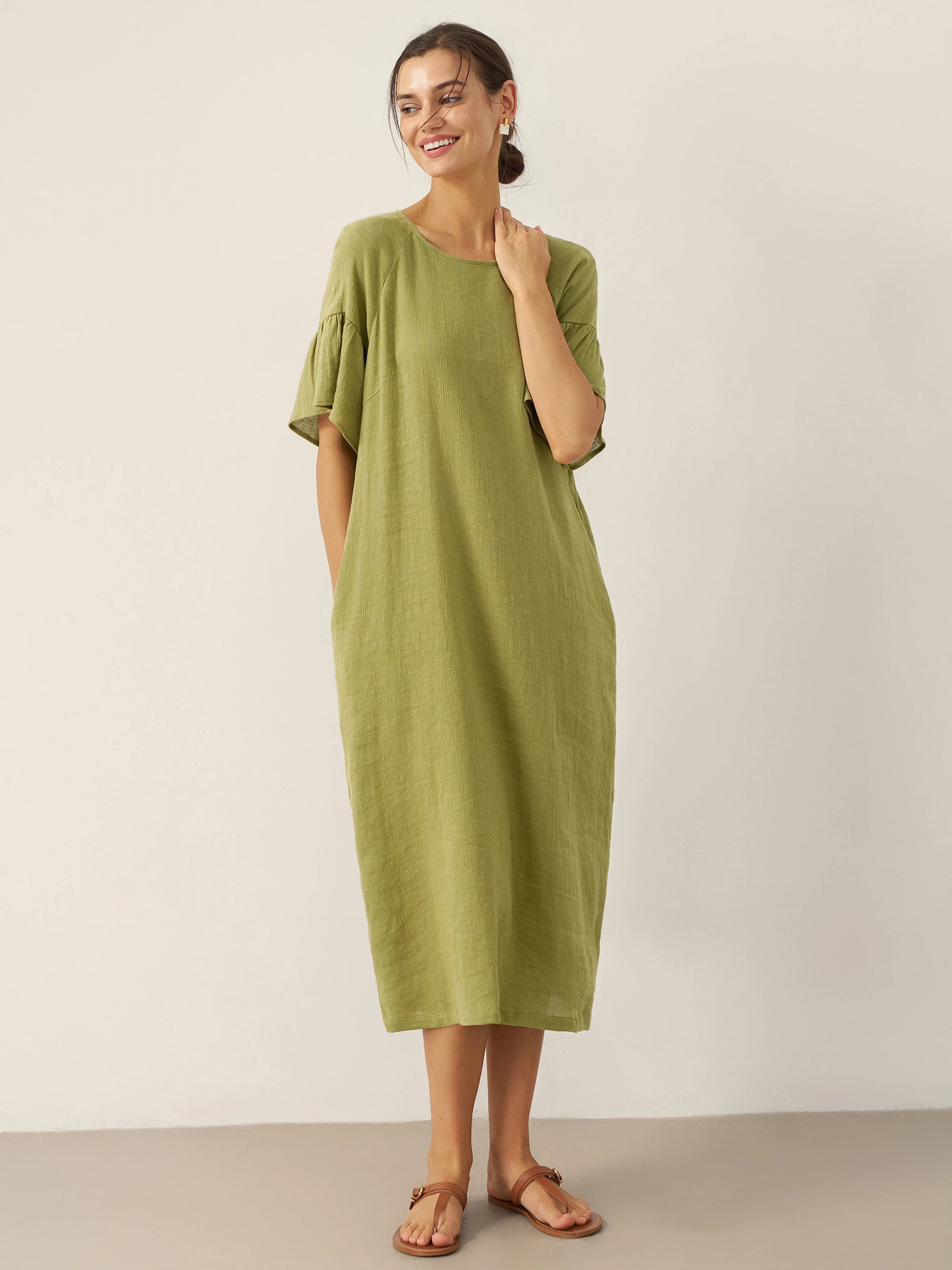 Linen Round Neck Flutter Sleeve Maxi Dress WINNIE Linen Round Neck Flutter Sleeve Maxi Dress WINNIE