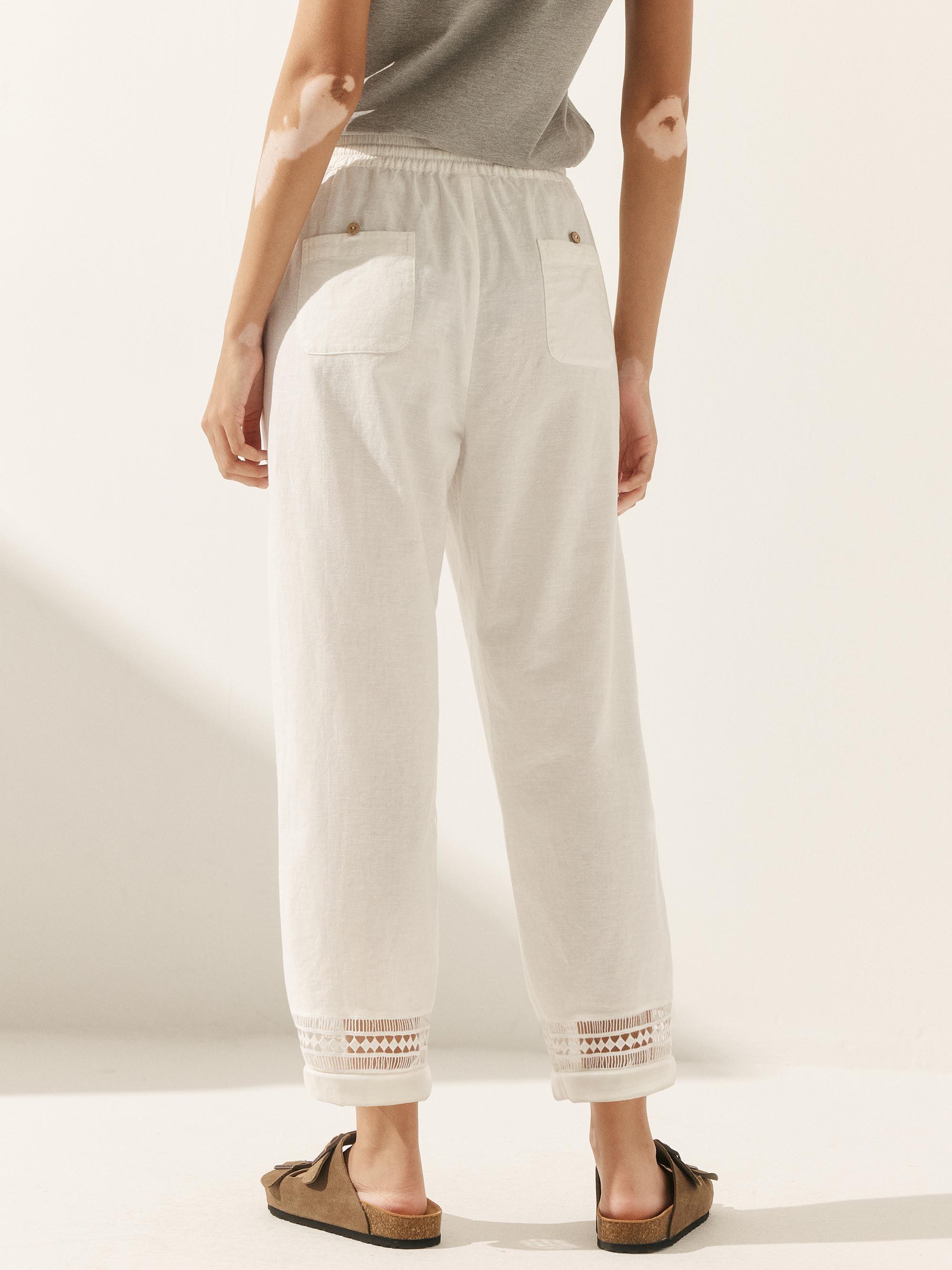 Linen Hollow Lace Stitching Elastic Waist Ankle Length Pants RITA Linen Hollow Lace Stitching Elastic Waist Ankle Length Pants RITA