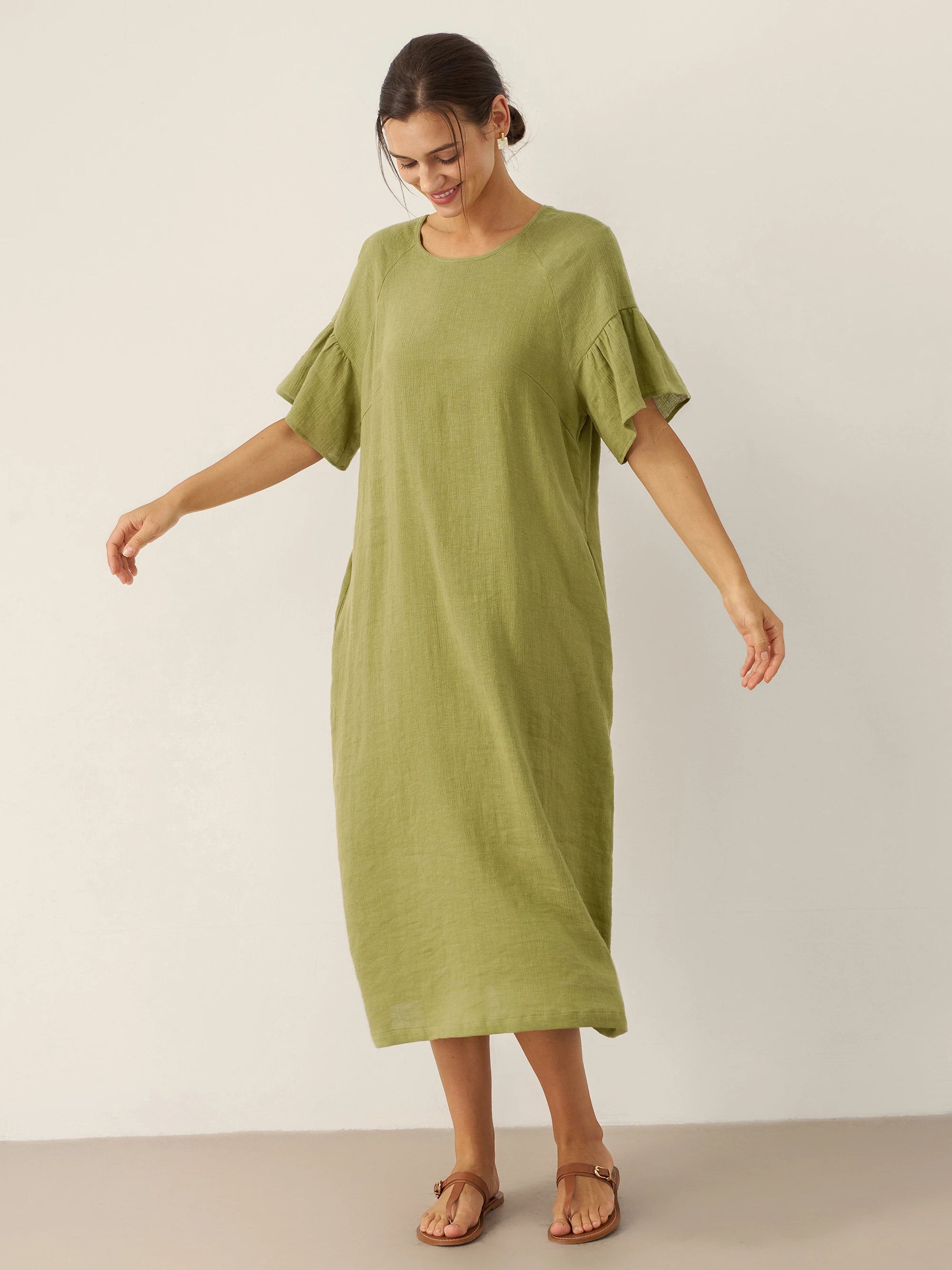 Linen Round Neck Flutter Sleeve Maxi Dress WINNIE Linen Round Neck Flutter Sleeve Maxi Dress WINNIE