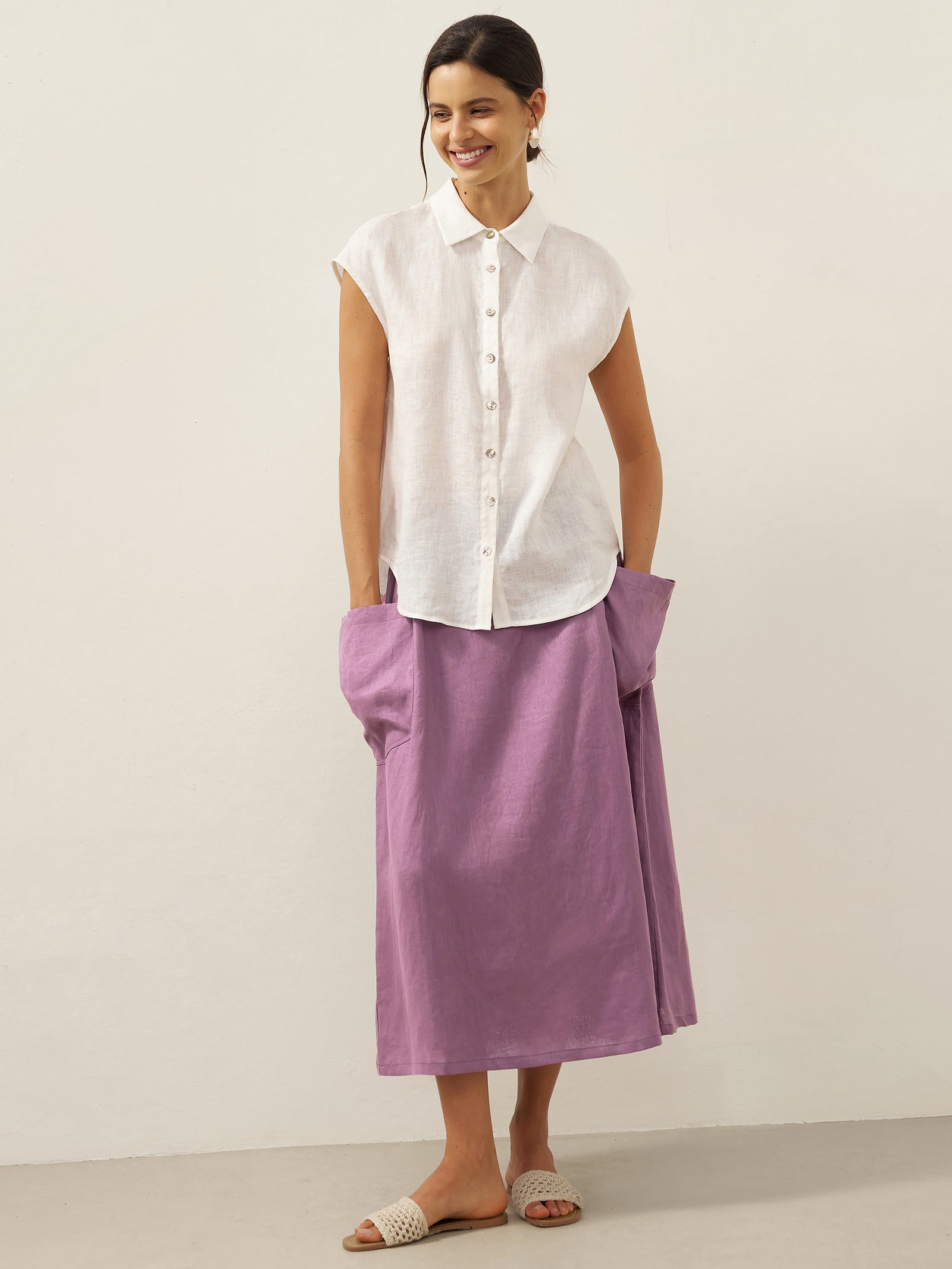 Linen Checked Elastic Waist Skirt ONYX Linen Checked Elastic Waist Skirt ONYX
