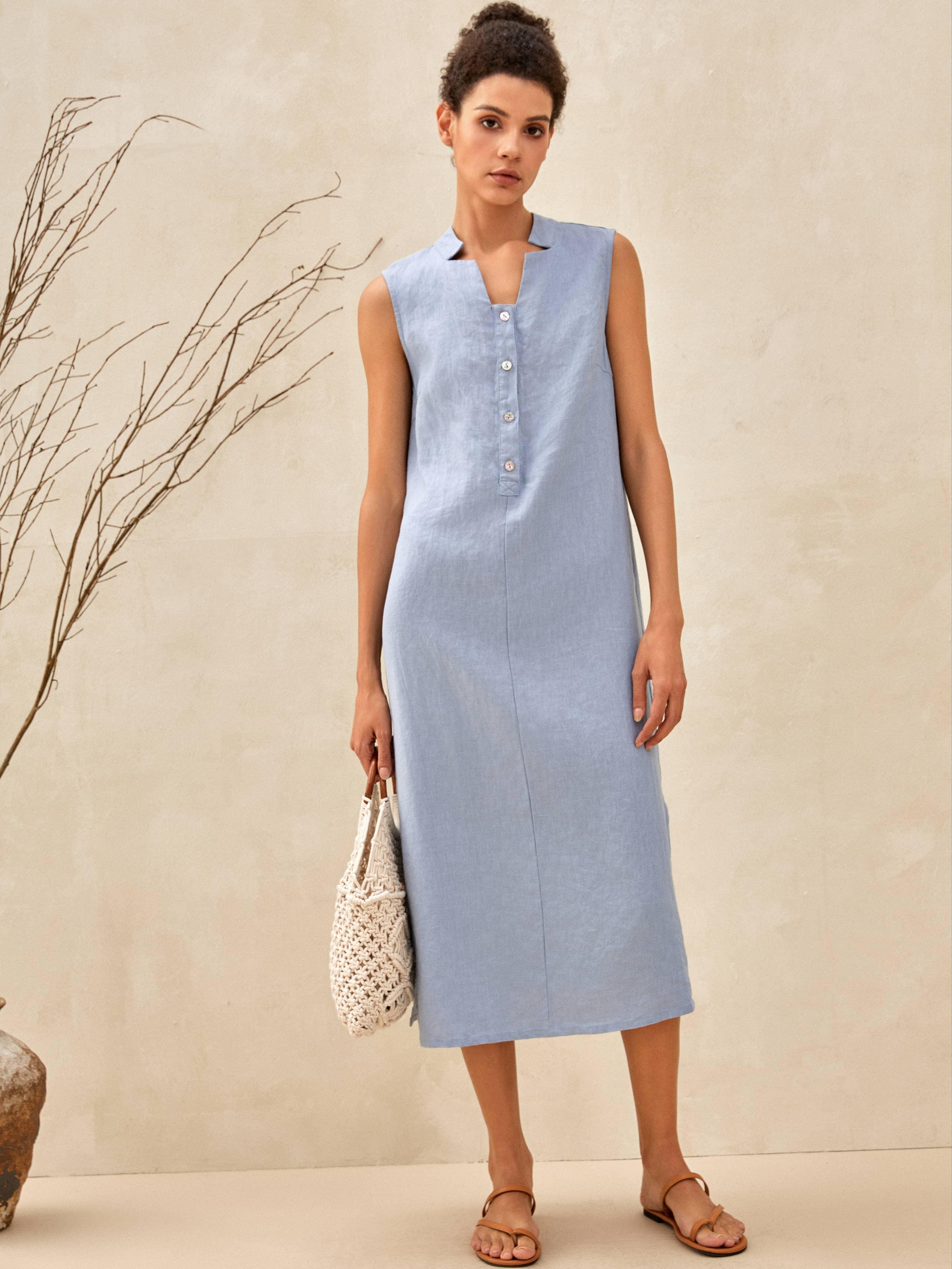 100% Linen Sleeveless Straight High Slit Maxi Dress TAYLOR