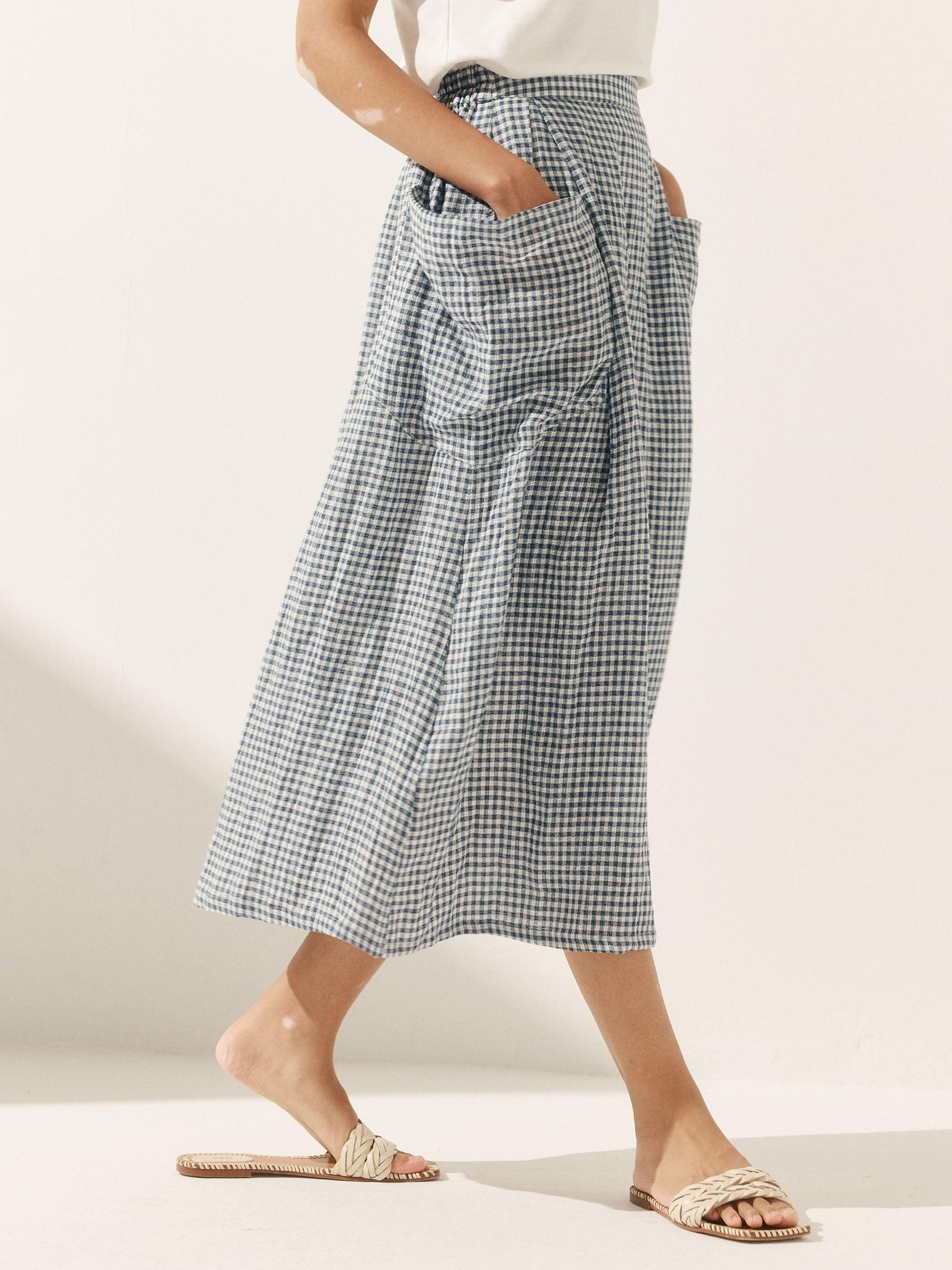 Linen Checked Elastic Waist Skirt ONYX Linen Checked Elastic Waist Skirt ONYX