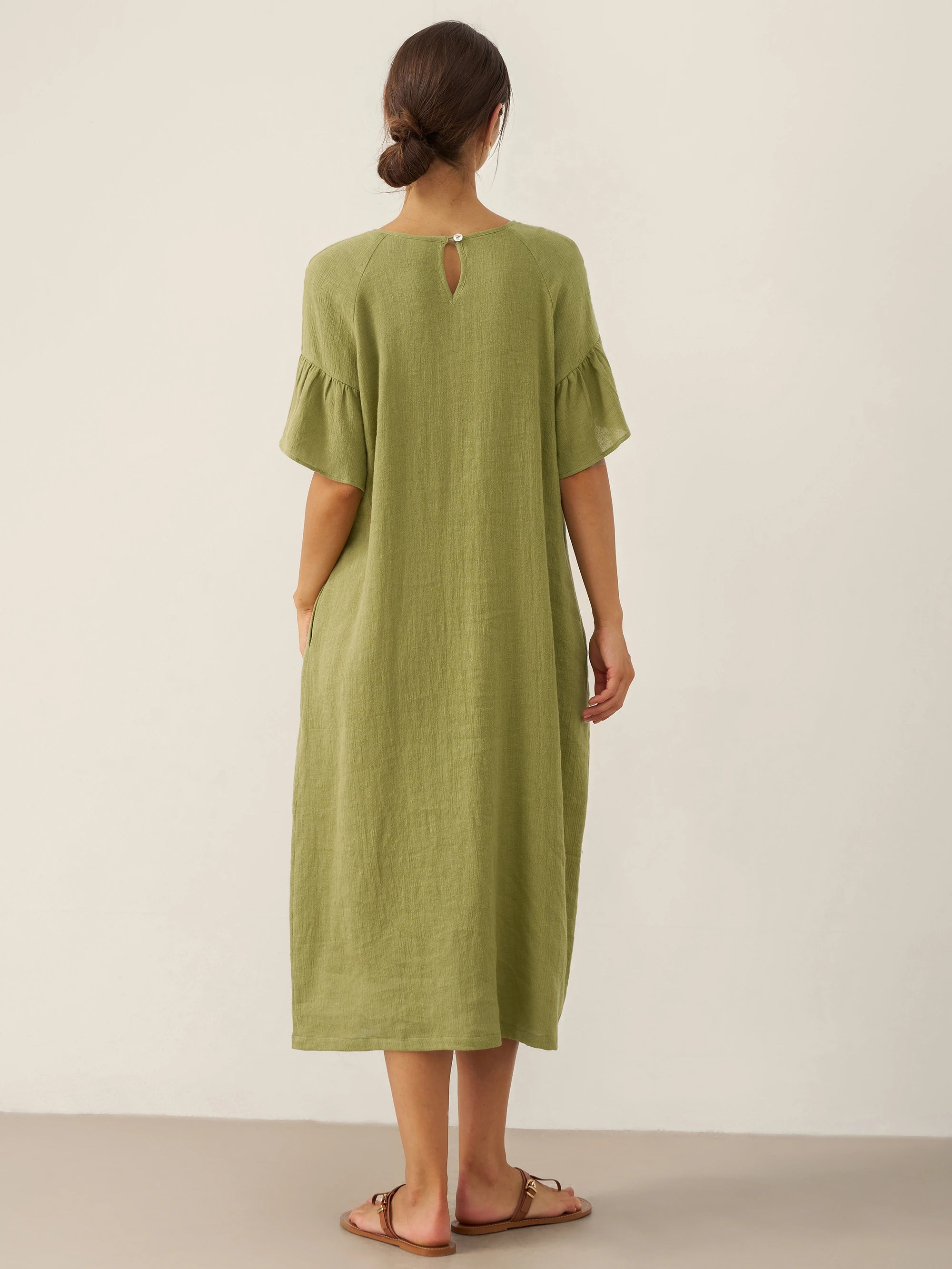 Linen Round Neck Flutter Sleeve Maxi Dress WINNIE Linen Round Neck Flutter Sleeve Maxi Dress WINNIE