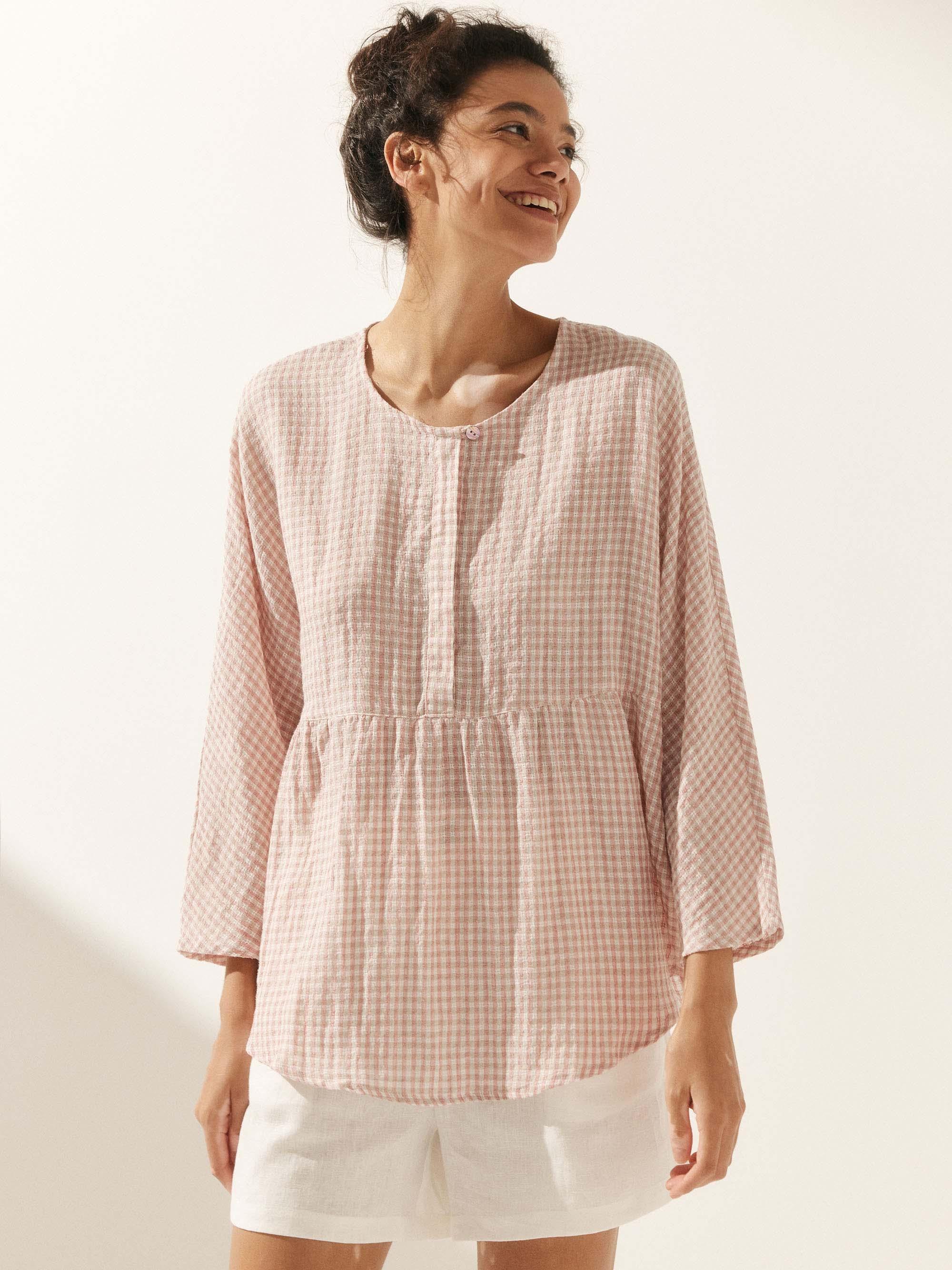 Linen Checked Long-Sleeved Top CAROLINE Linen Checked Long-Sleeved Top CAROLINE