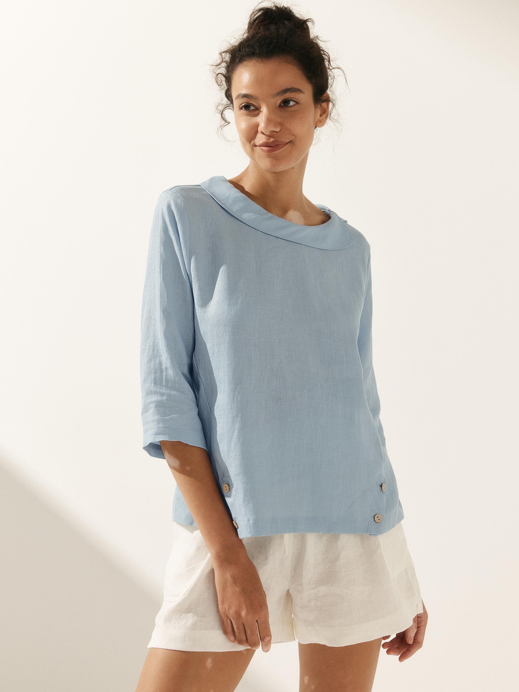 Linen Gingham Checked Round Soft-Fold Collar Top LAURA Linen Gingham Checked Round Soft-Fold Collar Top LAURA