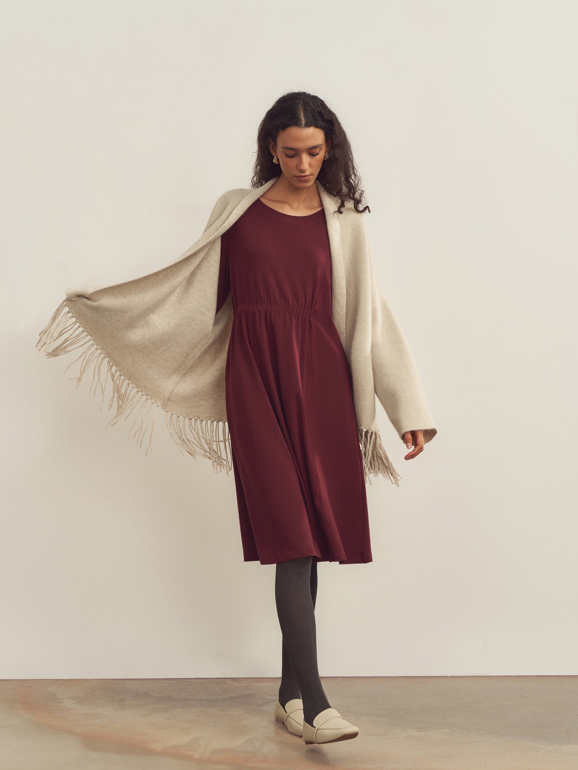 Merino Wool Waist Shirring-Detail Dress Merino Wool Waist Shirring-Detail Dress