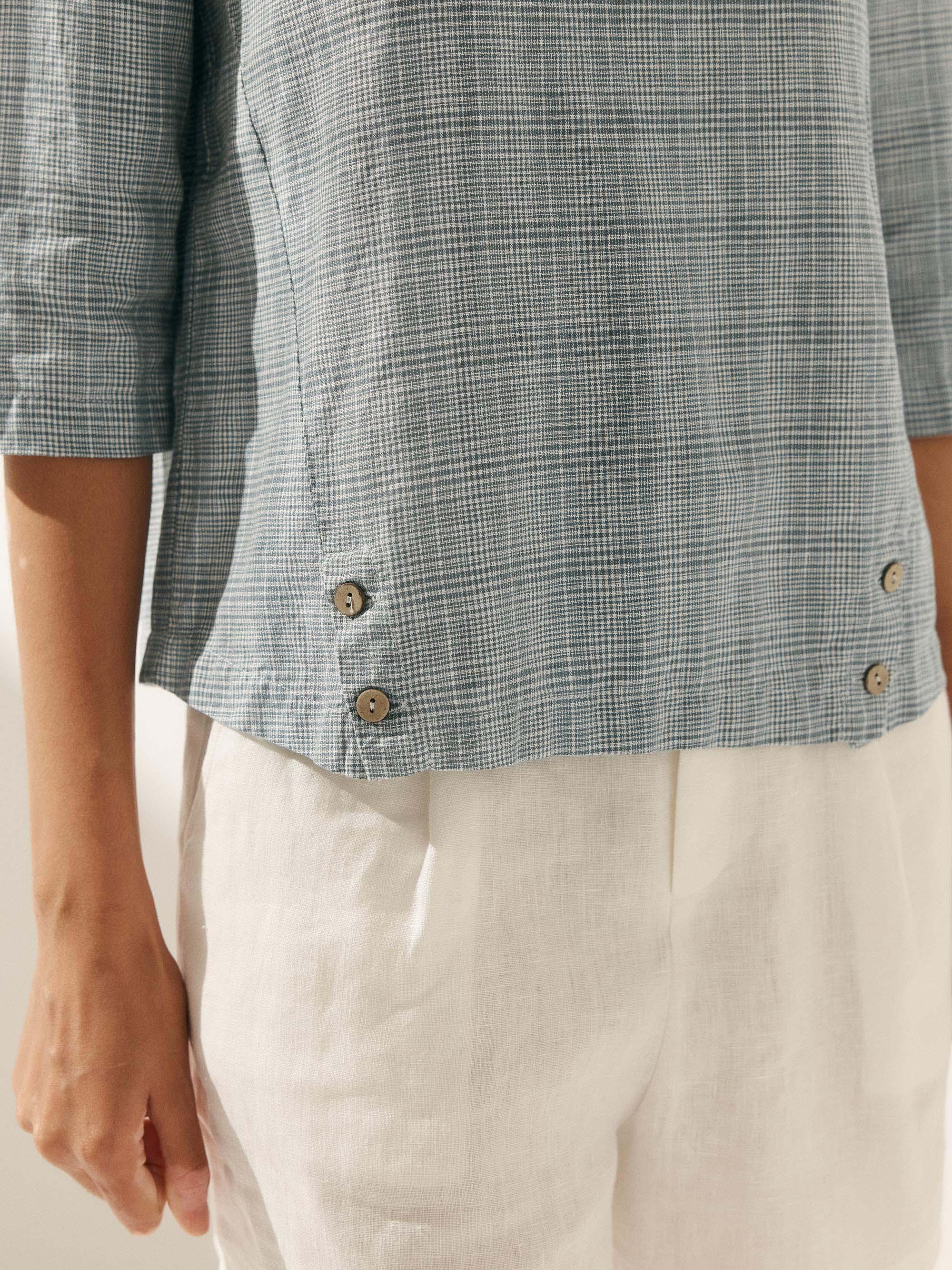 Linen Gingham Checked Round Soft-Fold Collar Top LAURA Linen Gingham Checked Round Soft-Fold Collar Top LAURA