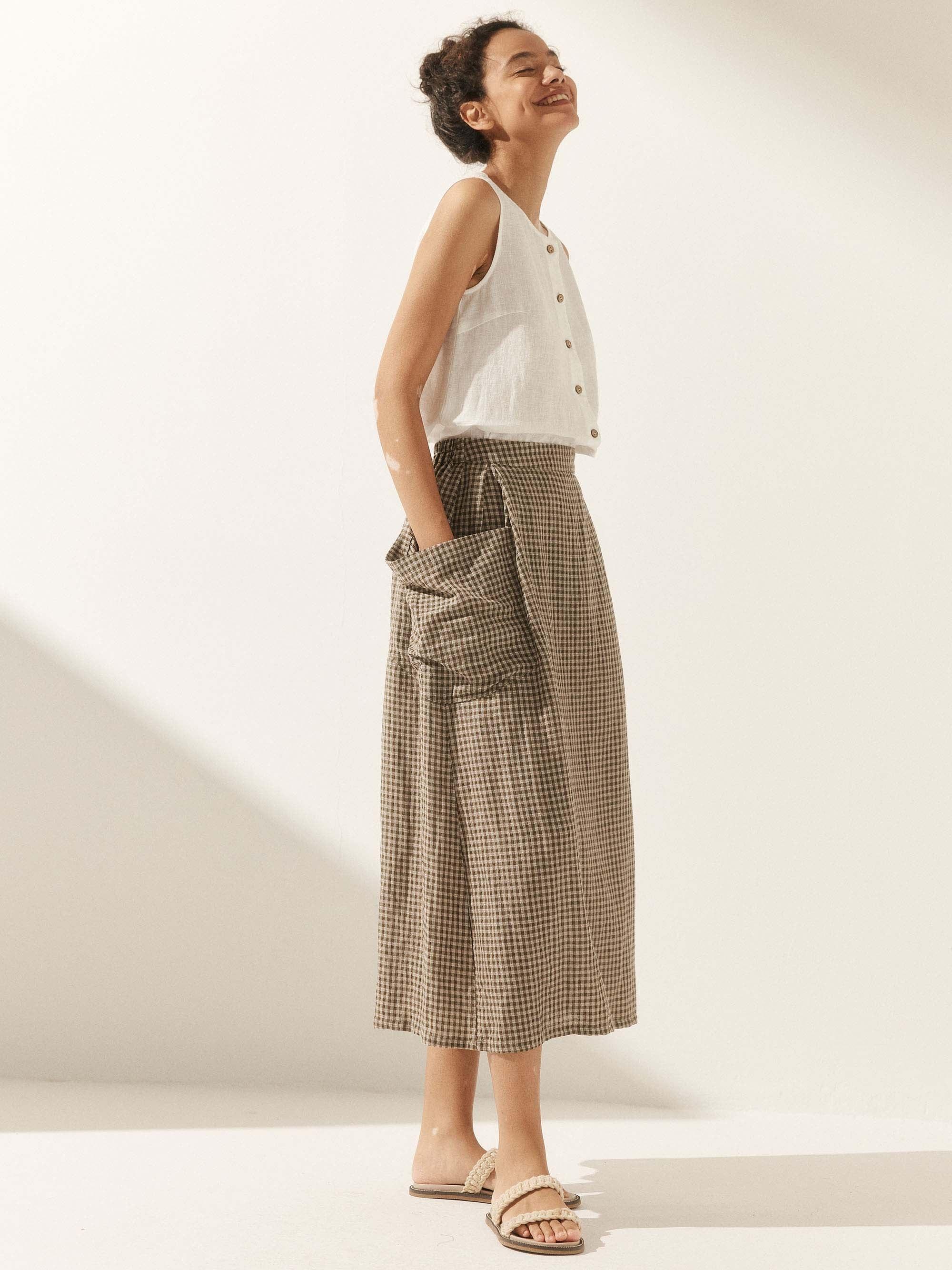 Linen Checked Elastic Waist Skirt ONYX Linen Checked Elastic Waist Skirt ONYX