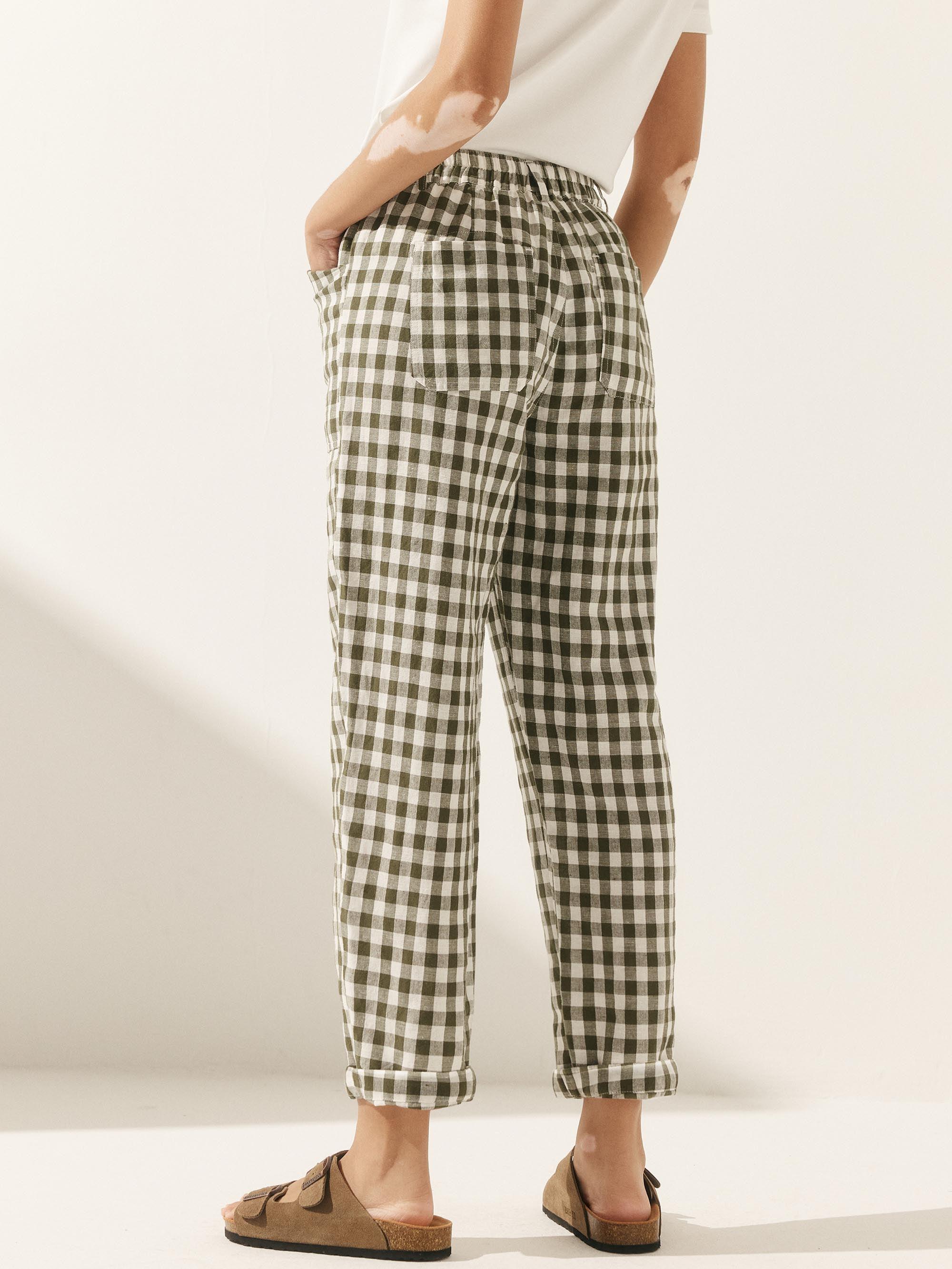 Linen Simple Checked Button Fly Trousers HEIDI Linen Simple Checked Button Fly Trousers HEIDI