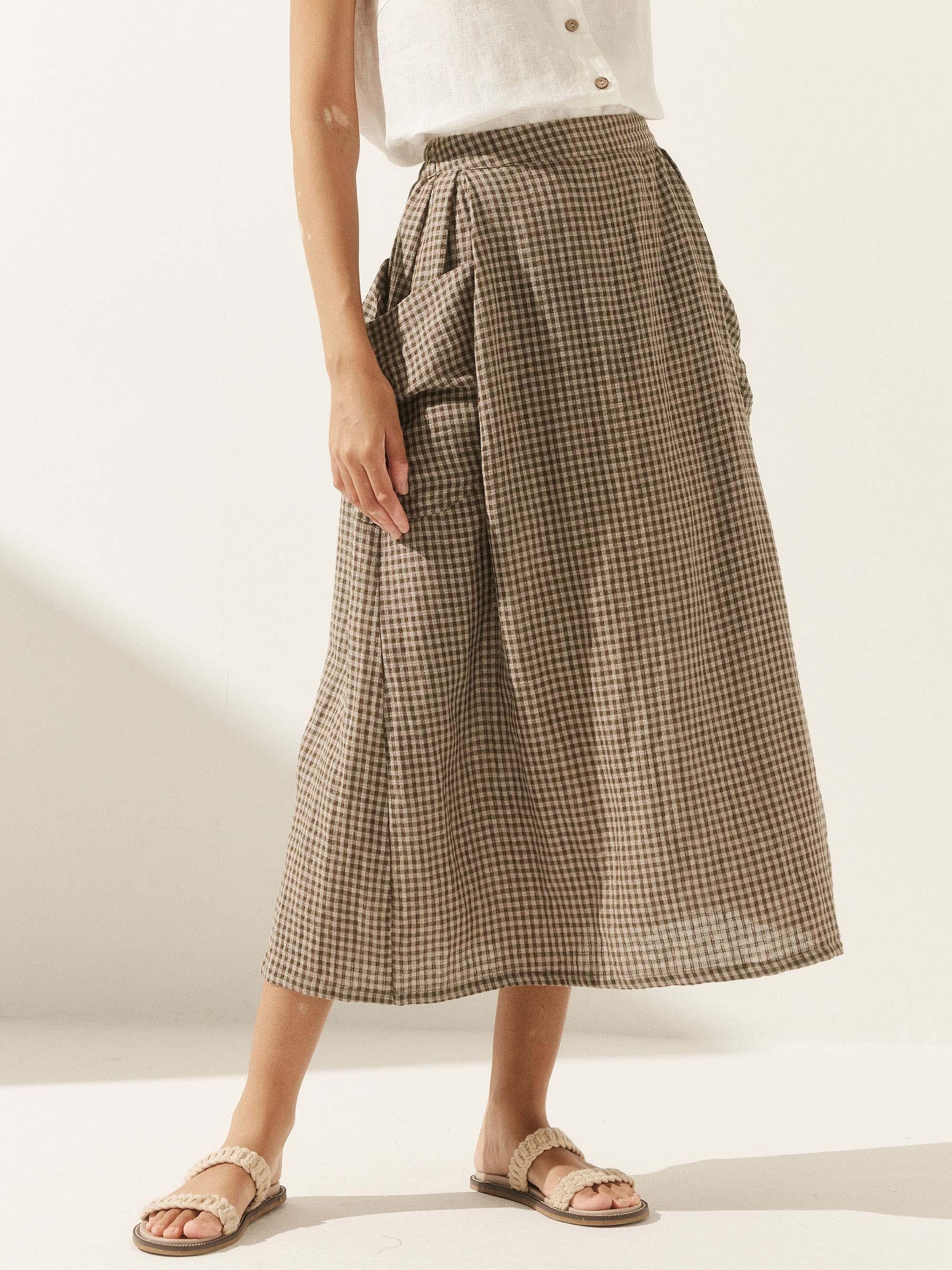 Linen Checked Elastic Waist Skirt ONYX Linen Checked Elastic Waist Skirt ONYX