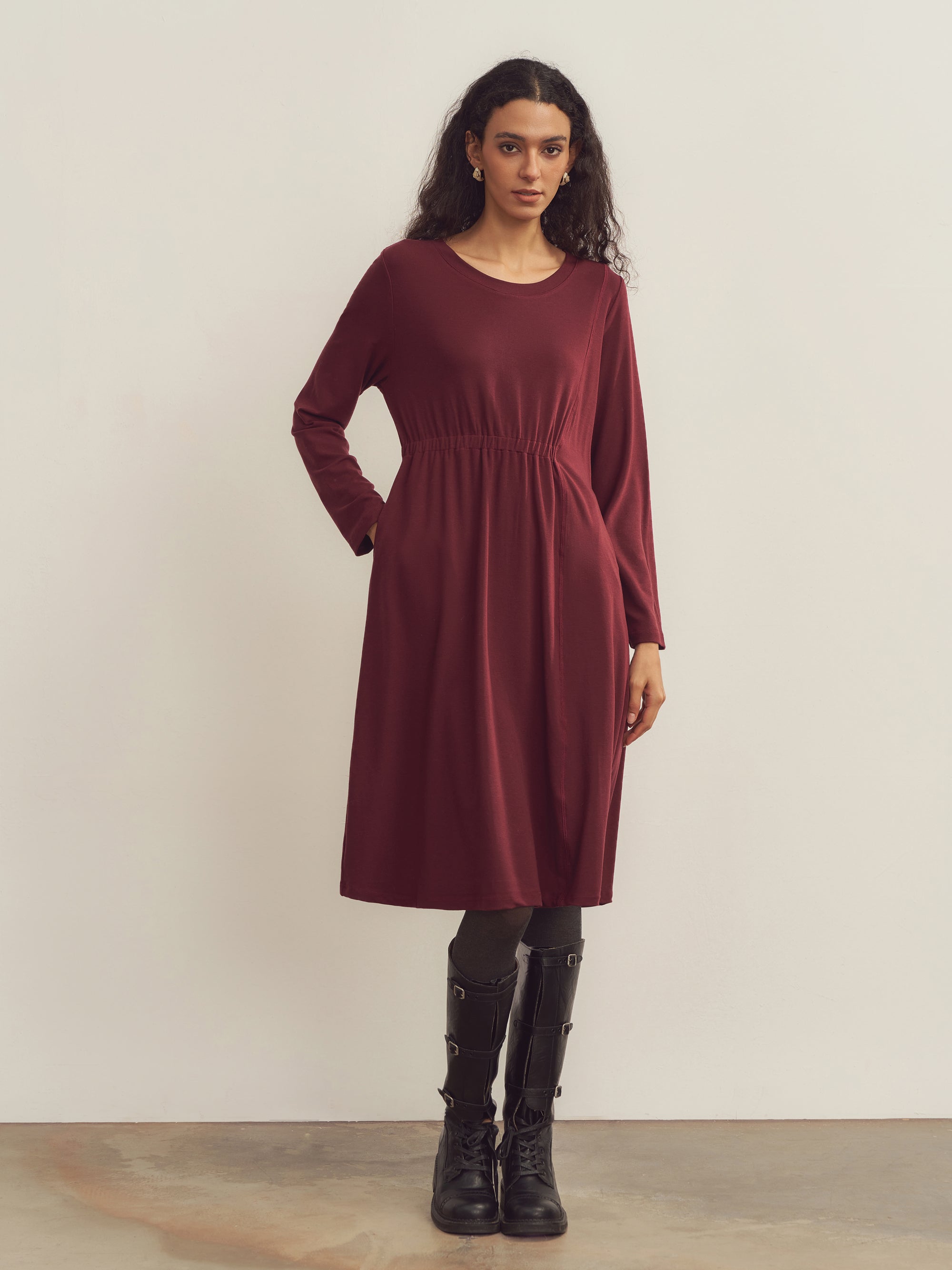 Merino Wool Waist Shirring-Detail Dress Merino Wool Waist Shirring-Detail Dress