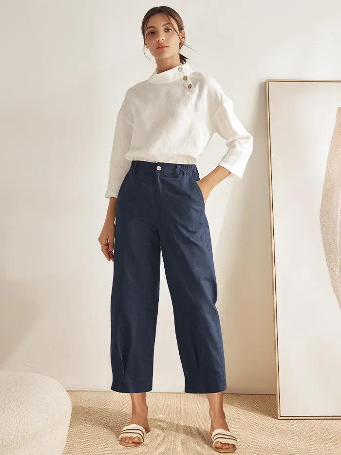 Linen Pocketed Straight-Leg Ankle Pants NINA Linen Pocketed Straight-Leg Ankle Pants NINA