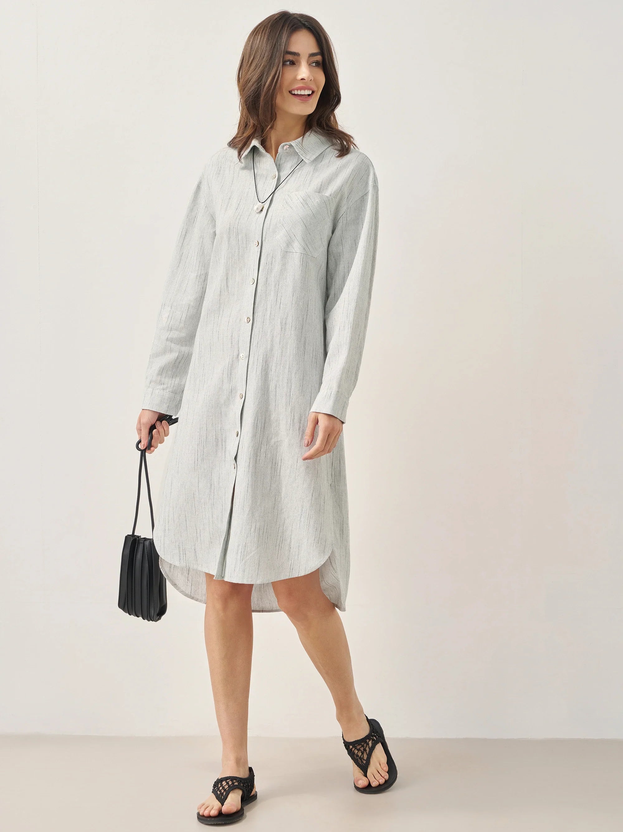 Linen Button-Front Artistic Stripe Shirt Dress JULIA Linen Button-Front Artistic Stripe Shirt Dress JULIA