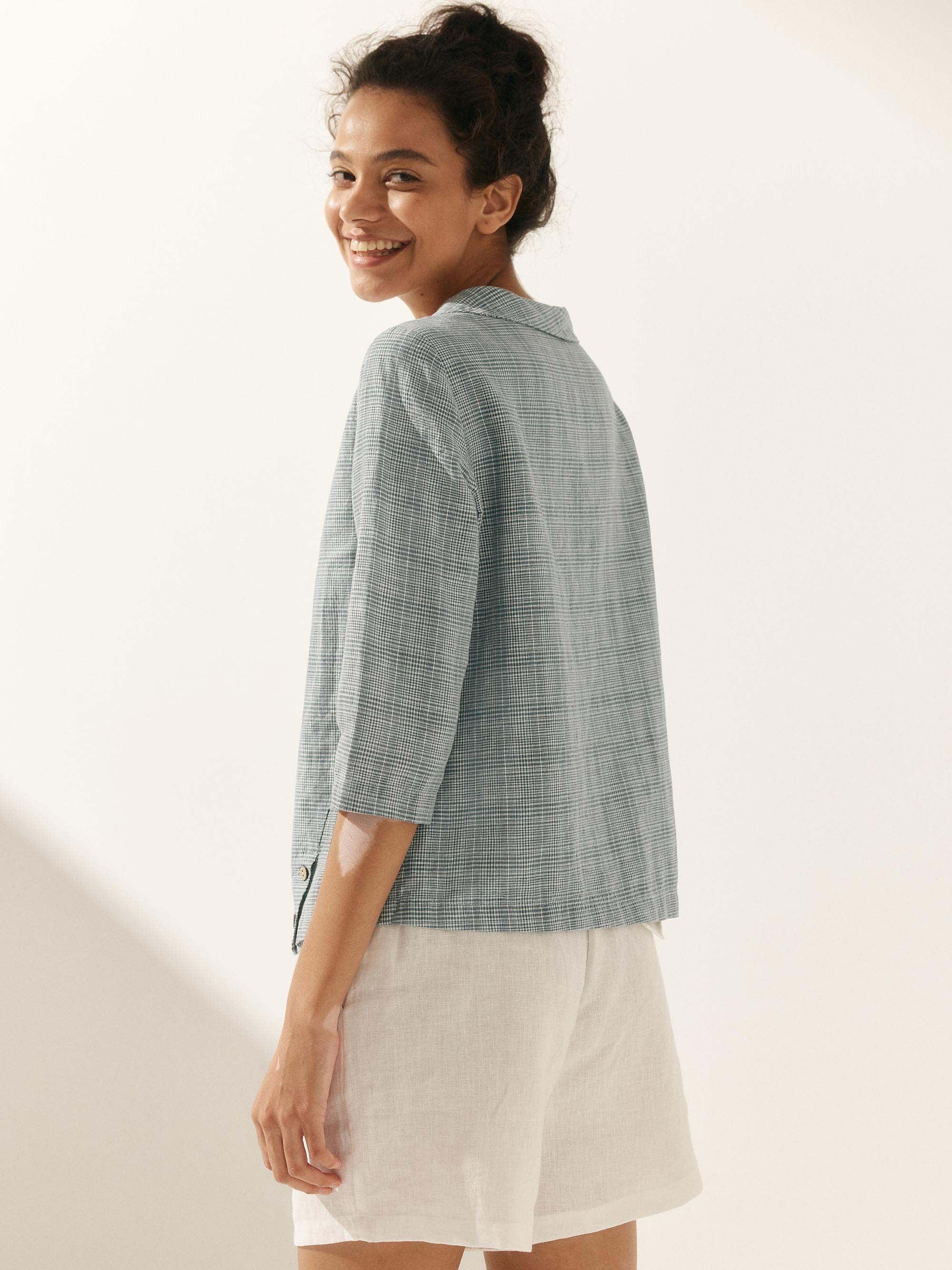 Linen Gingham Checked Round Soft-Fold Collar Top LAURA Linen Gingham Checked Round Soft-Fold Collar Top LAURA