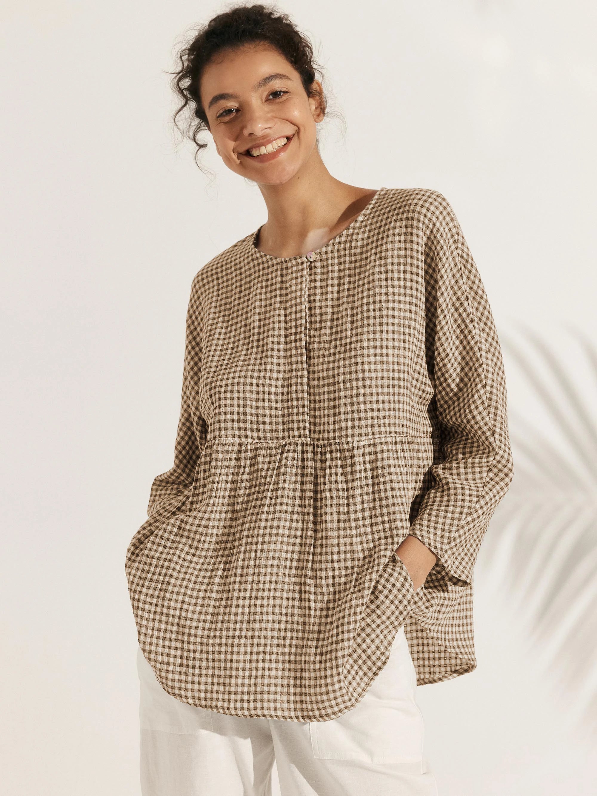 Linen Checked Long-Sleeved Top CAROLINE Linen Checked Long-Sleeved Top CAROLINE