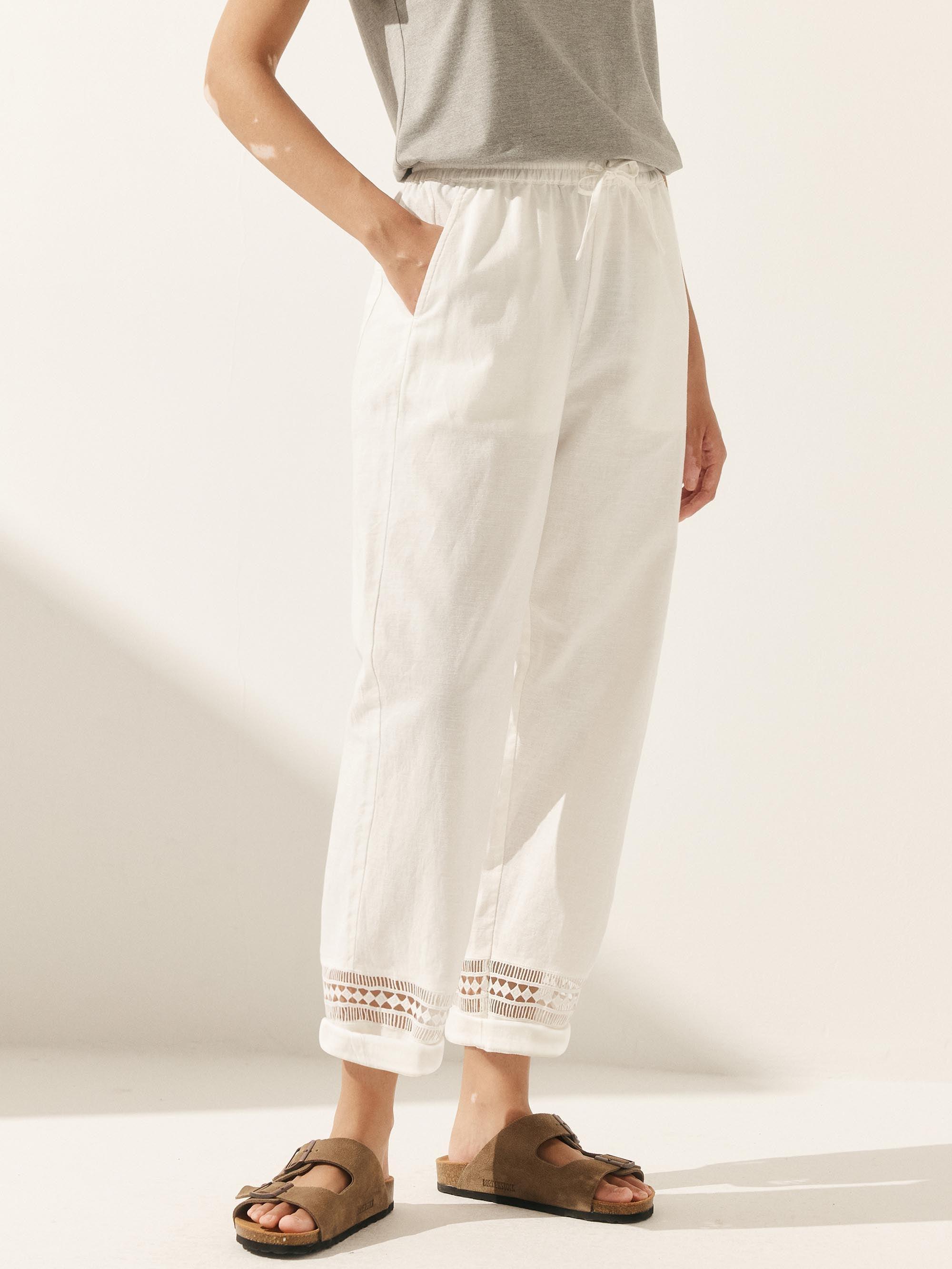 Linen Hollow Lace Stitching Elastic Waist Ankle Length Pants RITA Linen Hollow Lace Stitching Elastic Waist Ankle Length Pants RITA