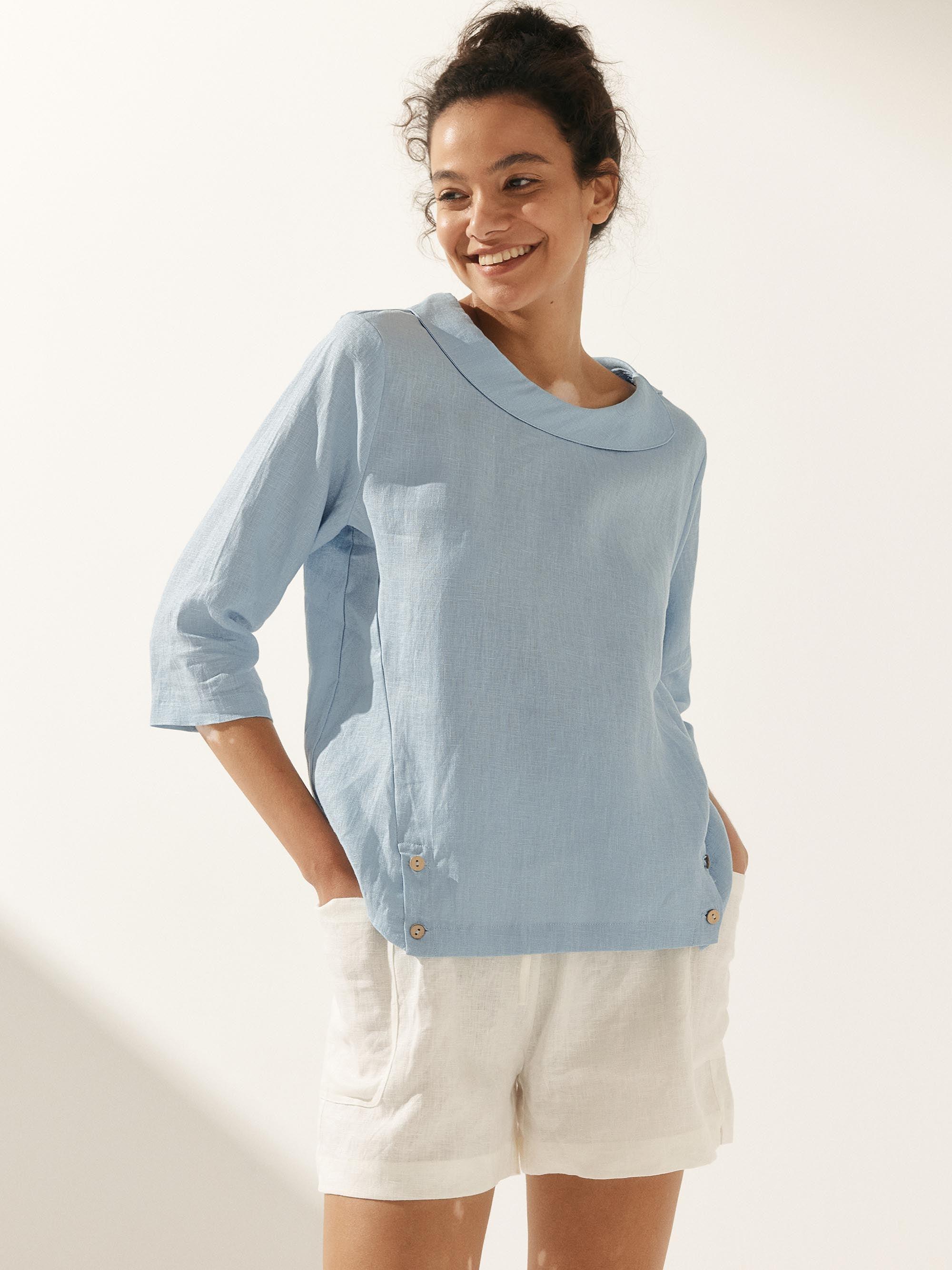 Linen Gingham Checked Round Soft-Fold Collar Top LAURA Linen Gingham Checked Round Soft-Fold Collar Top LAURA