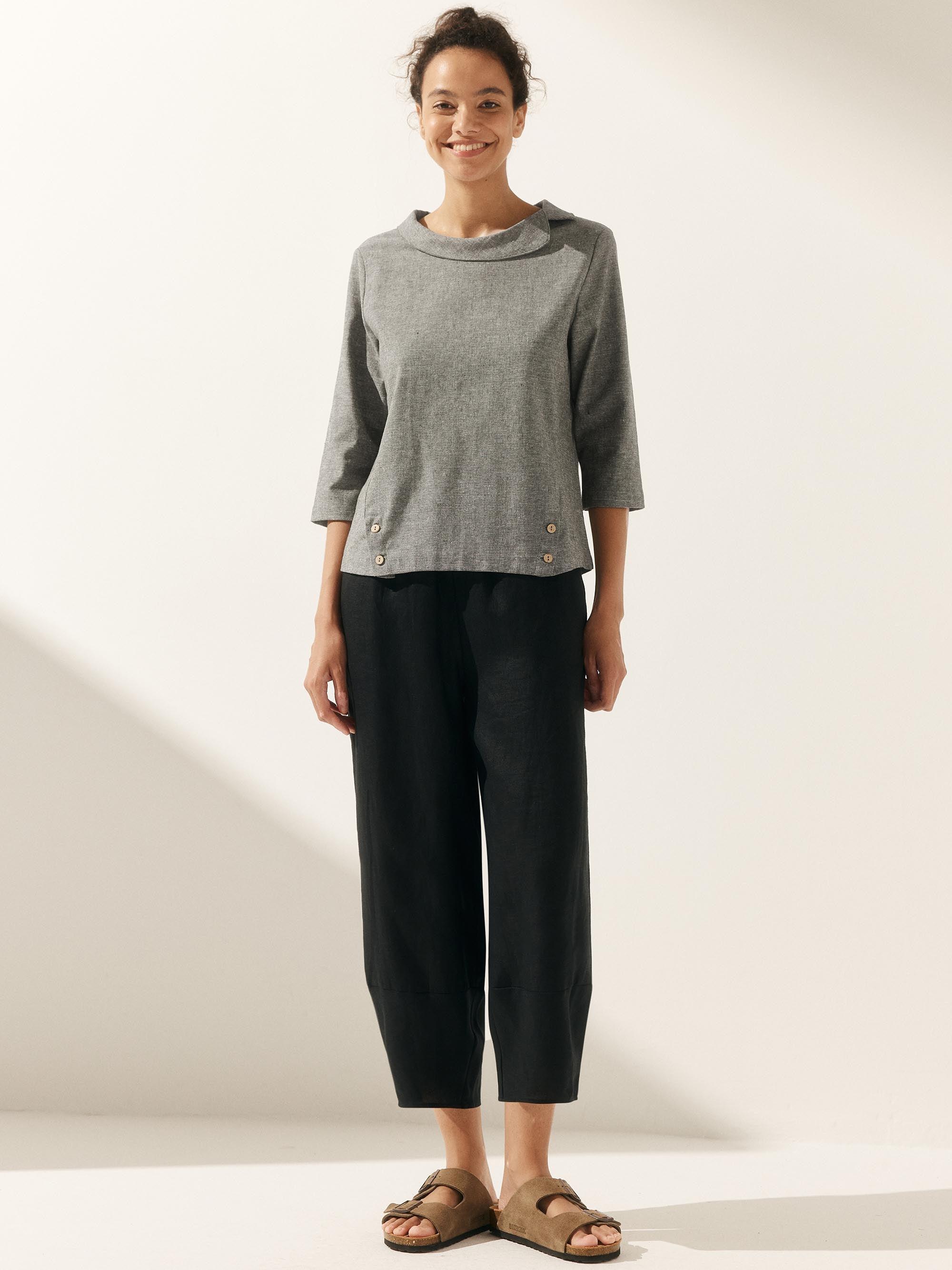 Linen Gingham Checked Round Soft-Fold Collar Top LAURA Linen Gingham Checked Round Soft-Fold Collar Top LAURA
