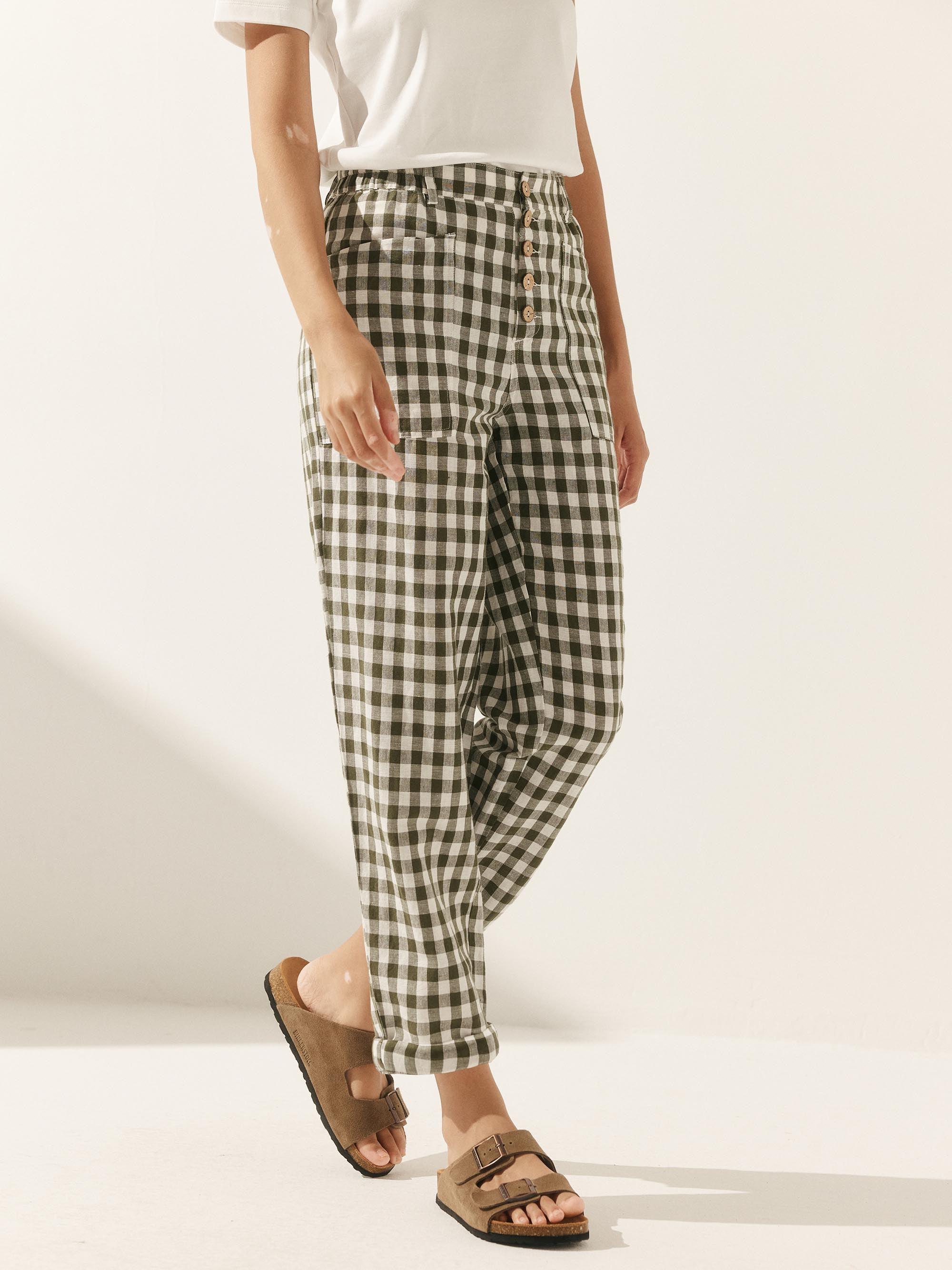Linen Simple Checked Button Fly Trousers HEIDI Linen Simple Checked Button Fly Trousers HEIDI