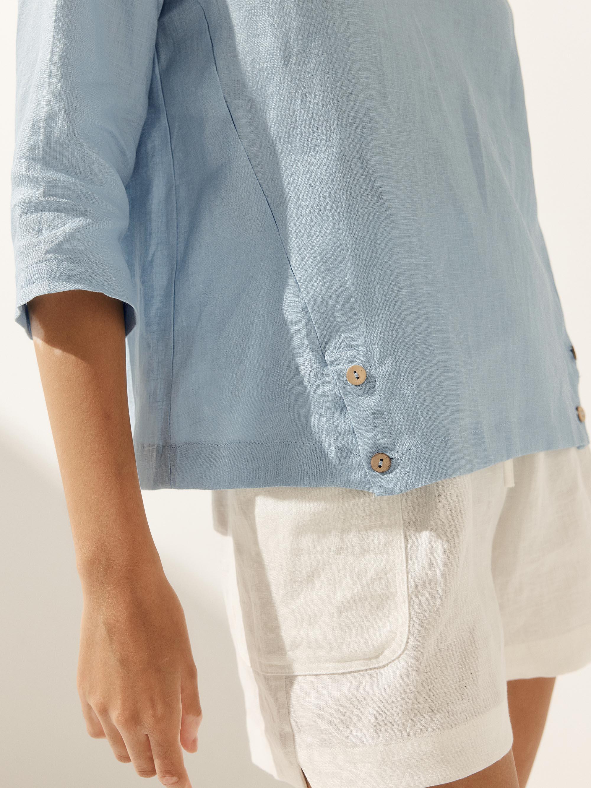 Linen Gingham Checked Round Soft-Fold Collar Top LAURA Linen Gingham Checked Round Soft-Fold Collar Top LAURA