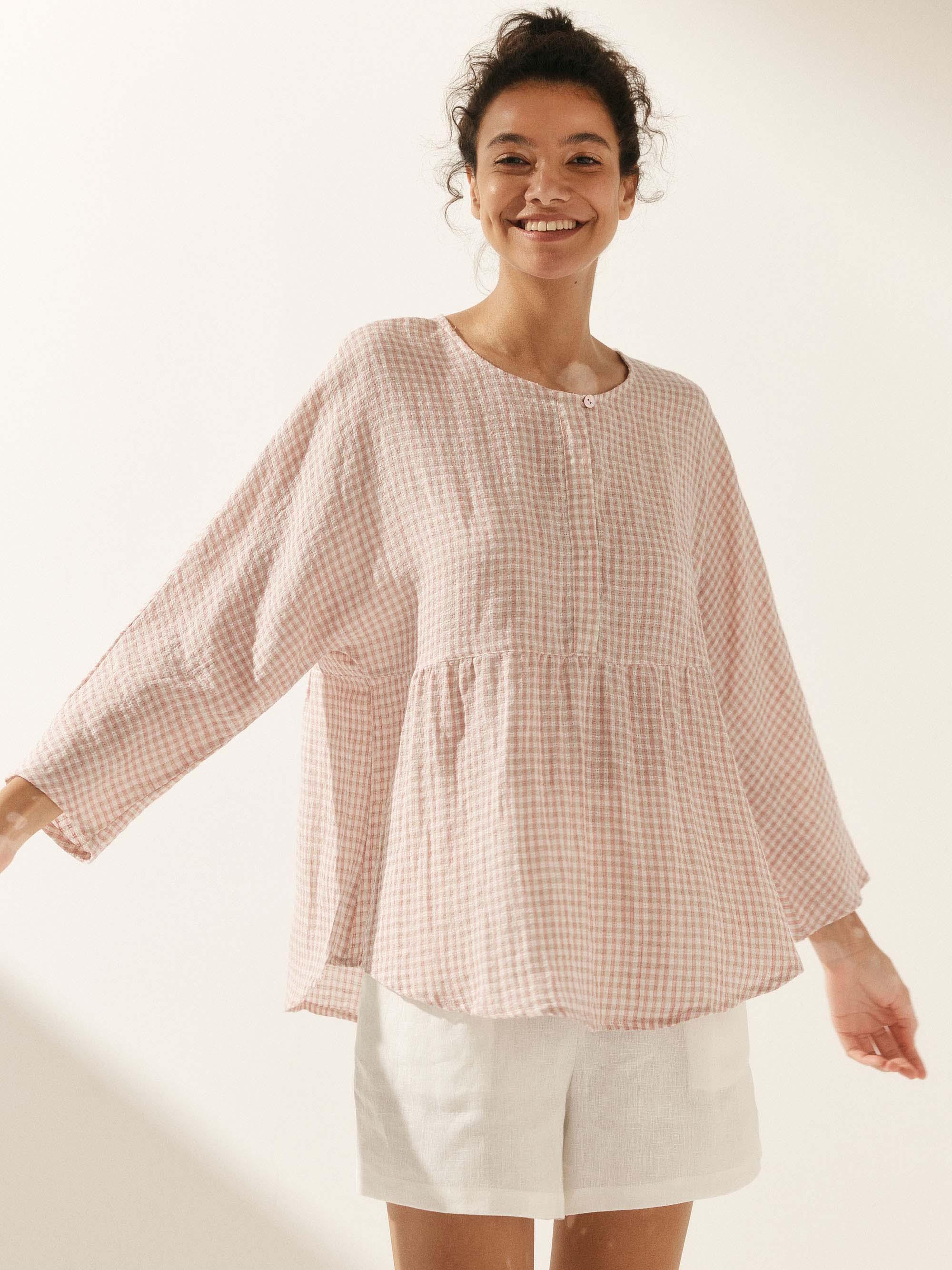 Linen Checked Long-Sleeved Top CAROLINE Linen Checked Long-Sleeved Top CAROLINE