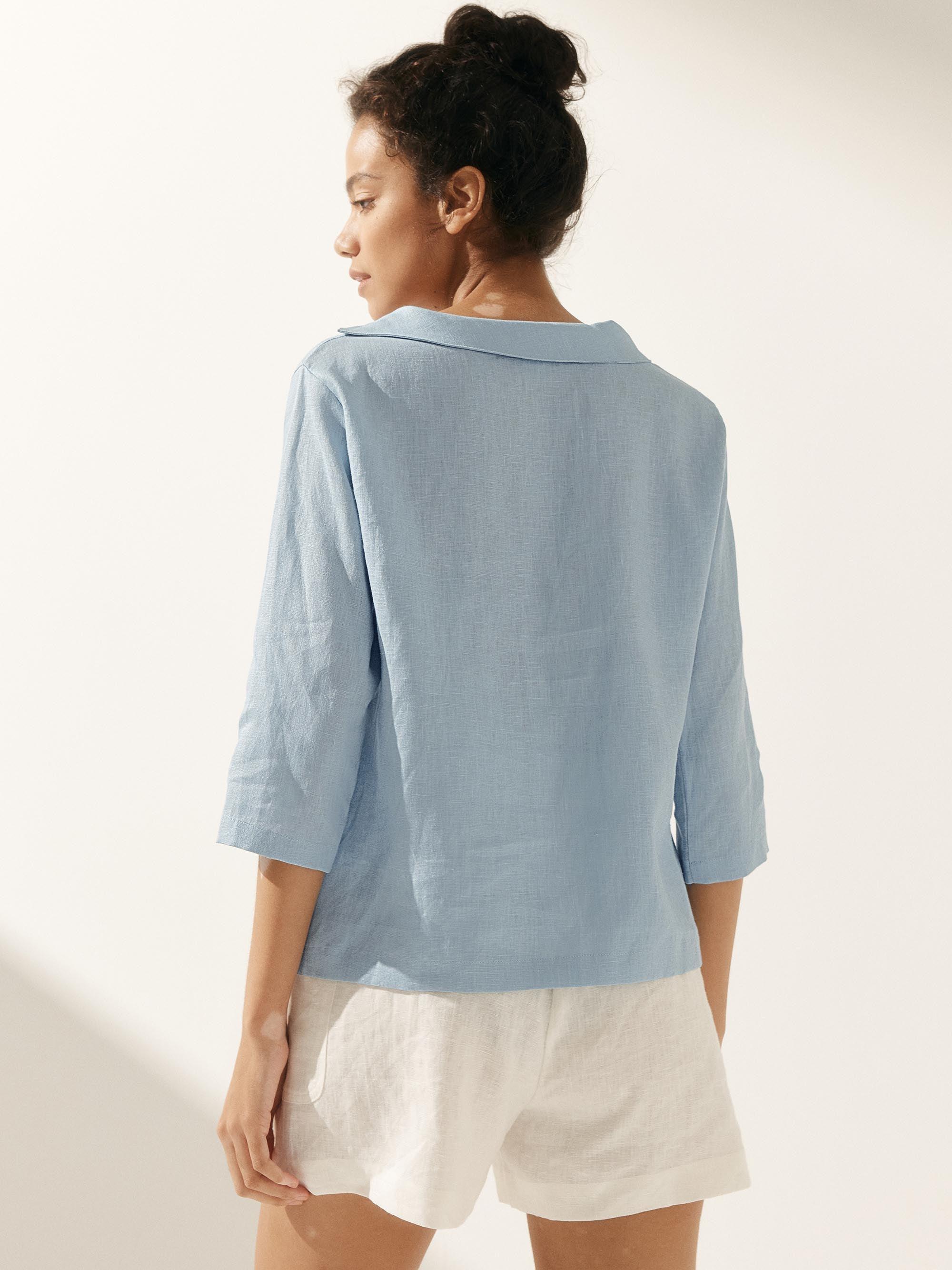 Linen Gingham Checked Round Soft-Fold Collar Top LAURA Linen Gingham Checked Round Soft-Fold Collar Top LAURA
