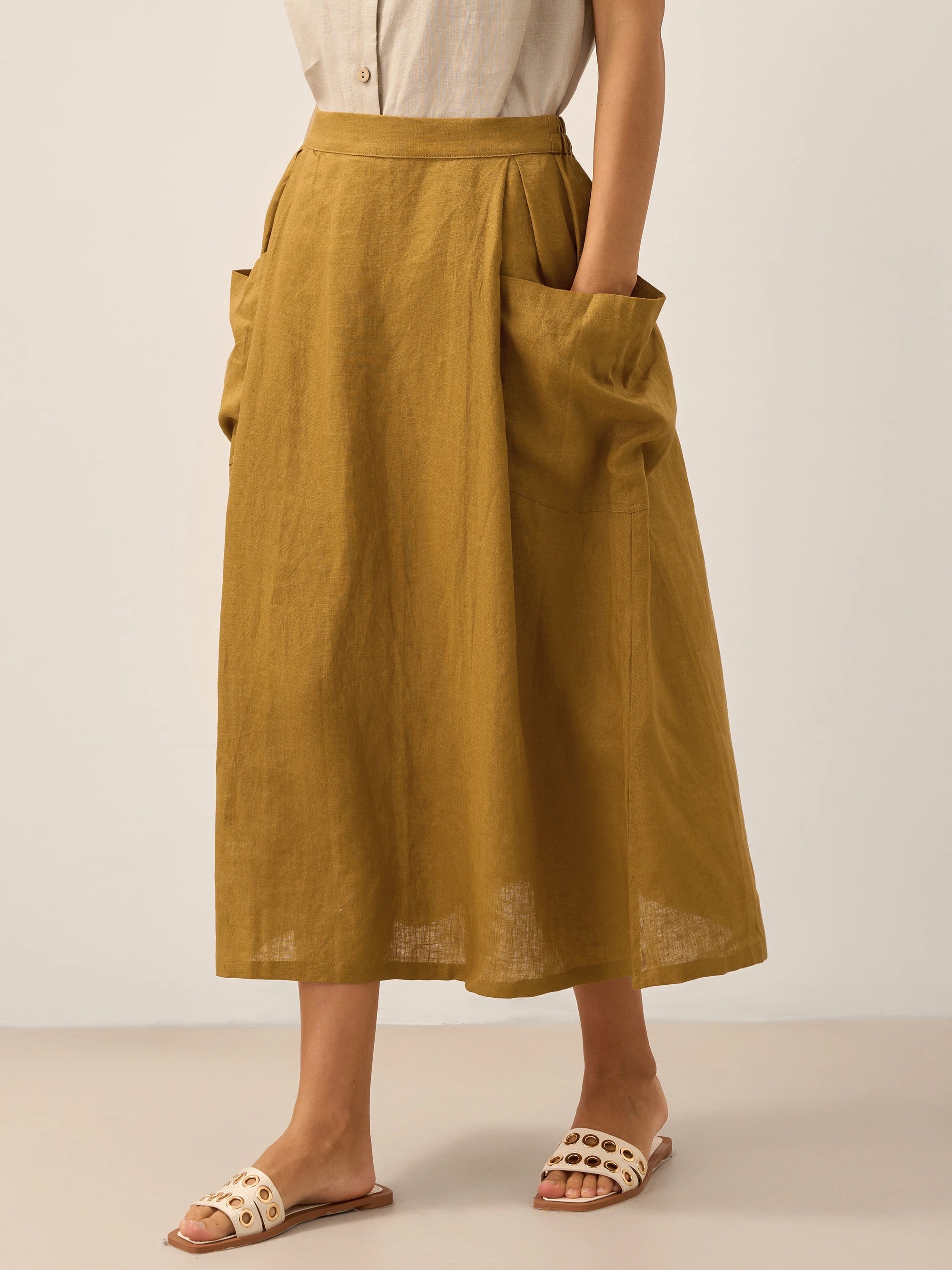Linen Checked Elastic Waist Skirt ONYX Linen Checked Elastic Waist Skirt ONYX