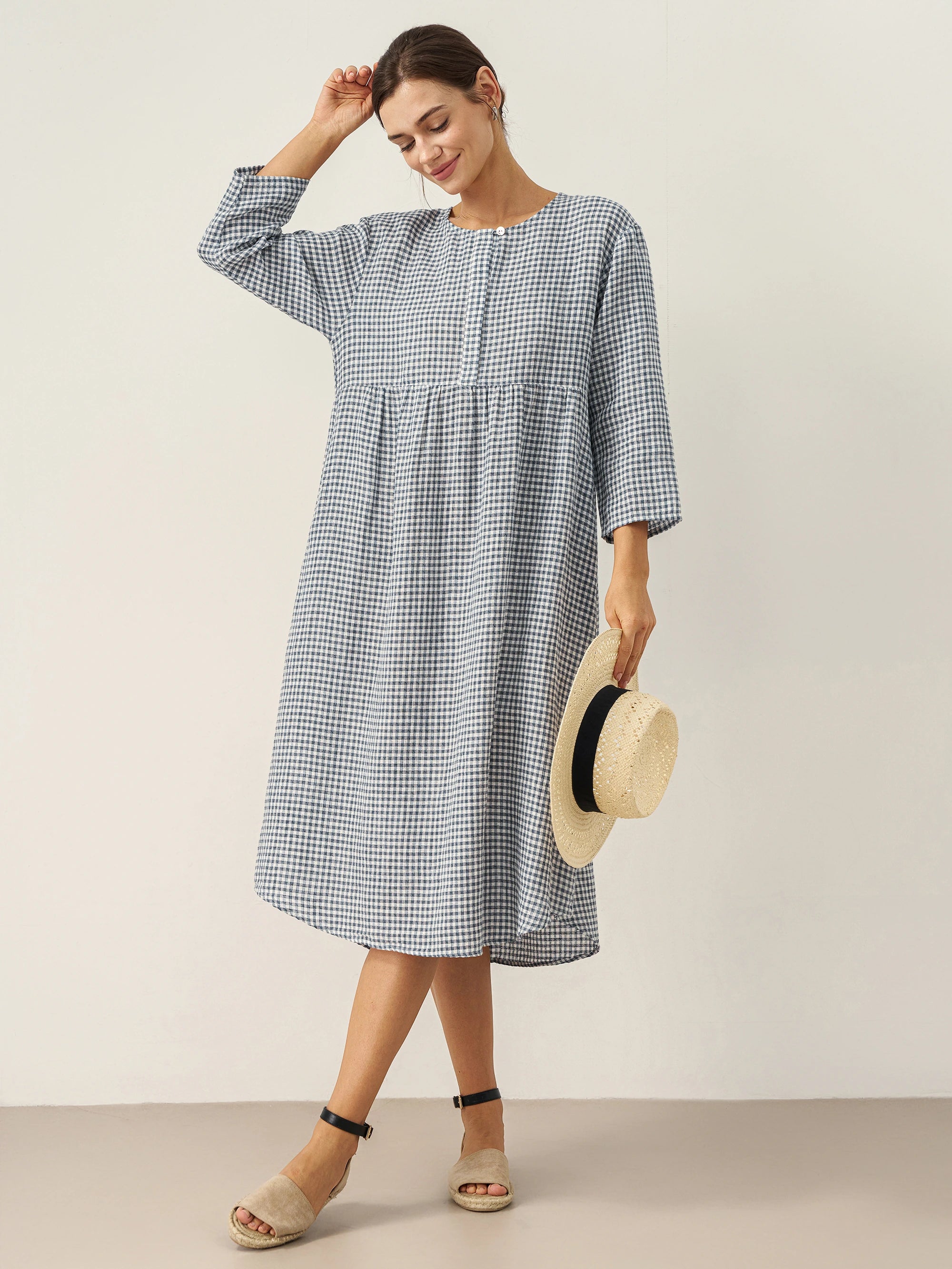 Linen Check Long Sleeve Midi Dress FIRTH Linen Check Long Sleeve Midi Dress FIRTH