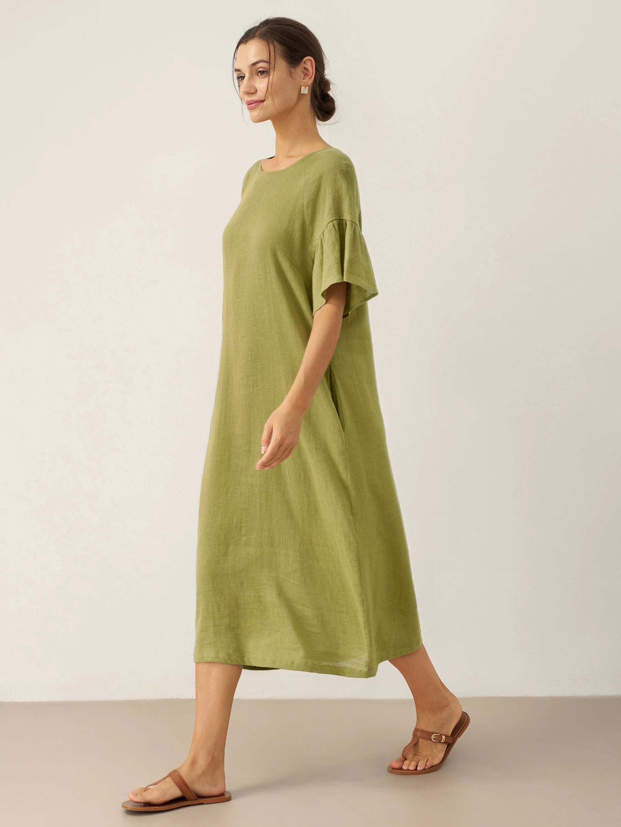 Linen Round Neck Flutter Sleeve Maxi Dress WINNIE Linen Round Neck Flutter Sleeve Maxi Dress WINNIE