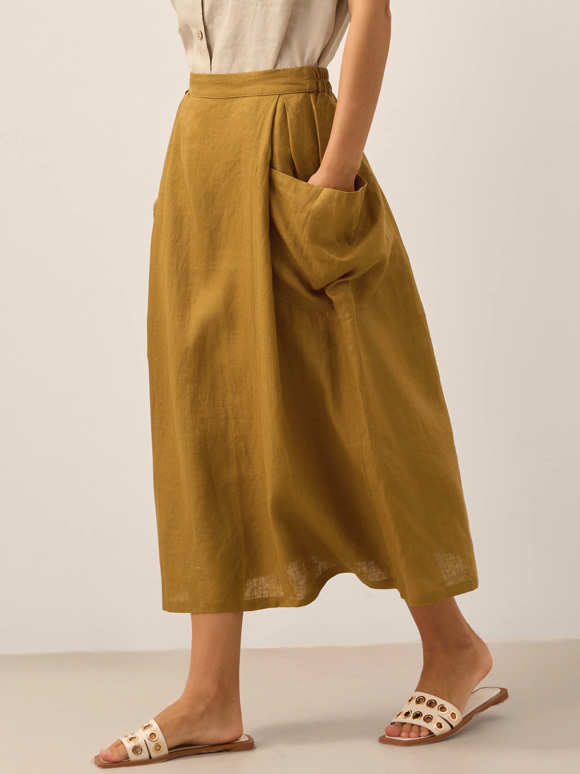Linen Checked Elastic Waist Skirt ONYX Linen Checked Elastic Waist Skirt ONYX