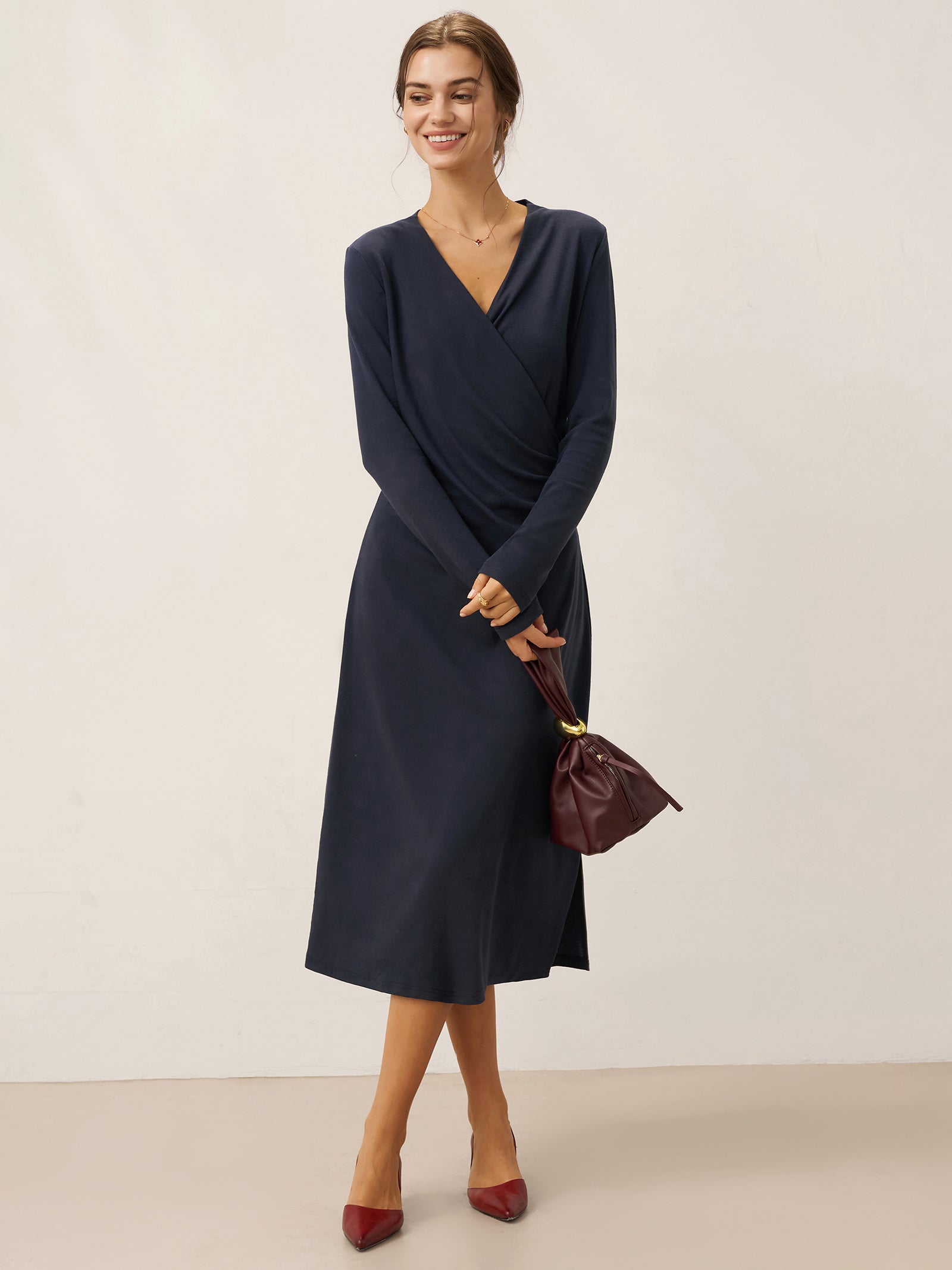 Linen Crossover V-Neck Wrap Stretch Midi Dress MARNIE Linen Crossover V-Neck Wrap Stretch Midi Dress MARNIE