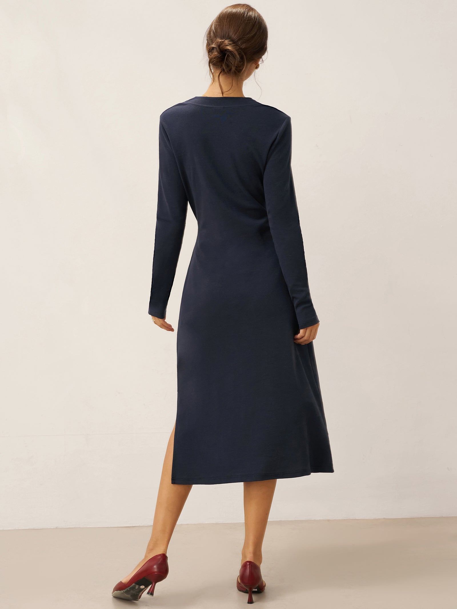 Linen Crossover V-Neck Wrap Stretch Midi Dress MARNIE Linen Crossover V-Neck Wrap Stretch Midi Dress MARNIE