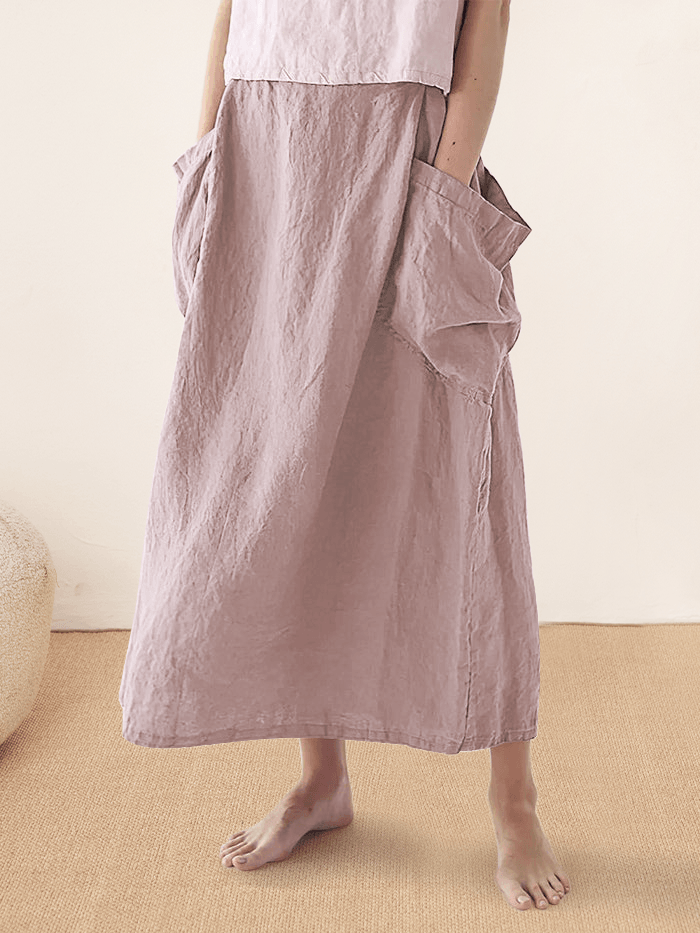 Linen Checked Elastic Waist Skirt ONYX Linen Checked Elastic Waist Skirt ONYX