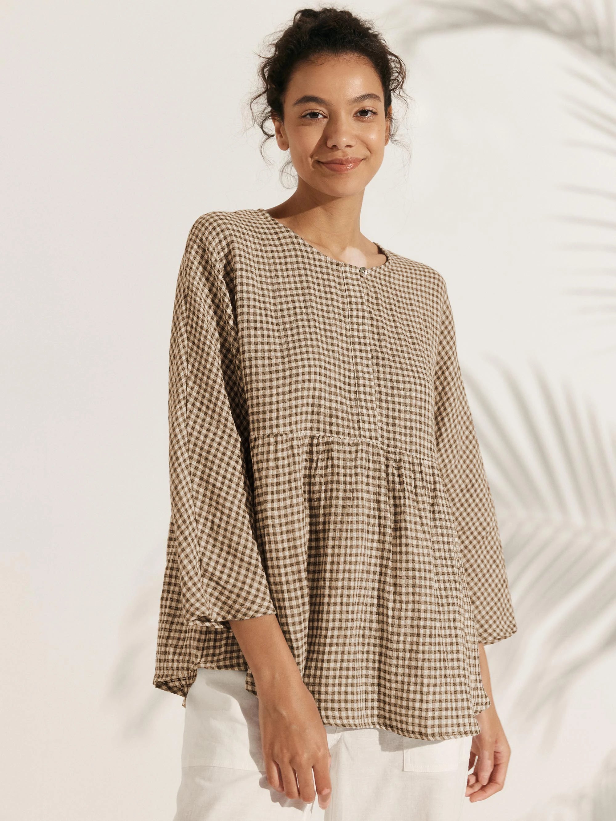 Linen Checked Long-Sleeved Top CAROLINE Linen Checked Long-Sleeved Top CAROLINE