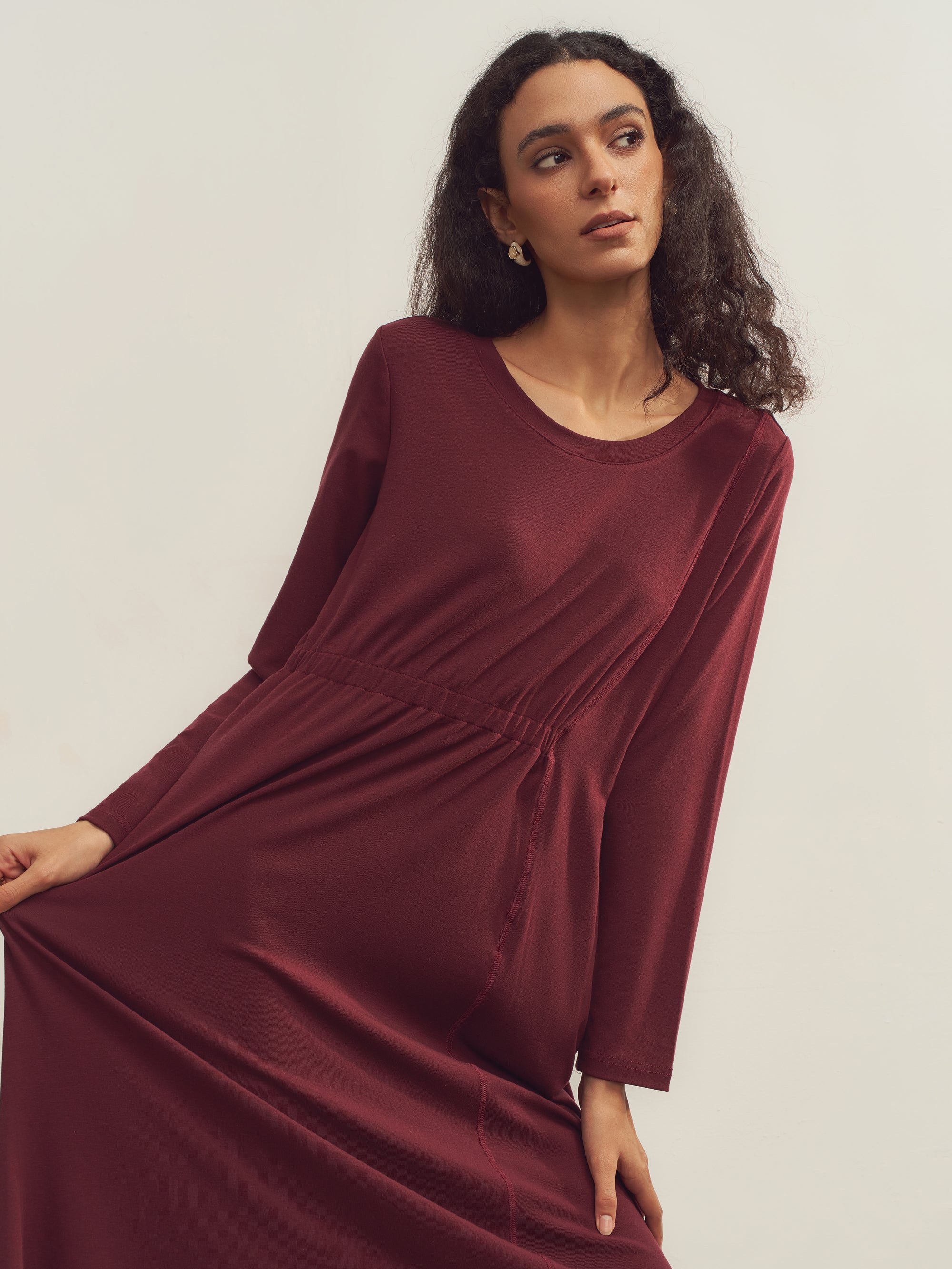 Merino Wool Waist Shirring-Detail Dress Merino Wool Waist Shirring-Detail Dress